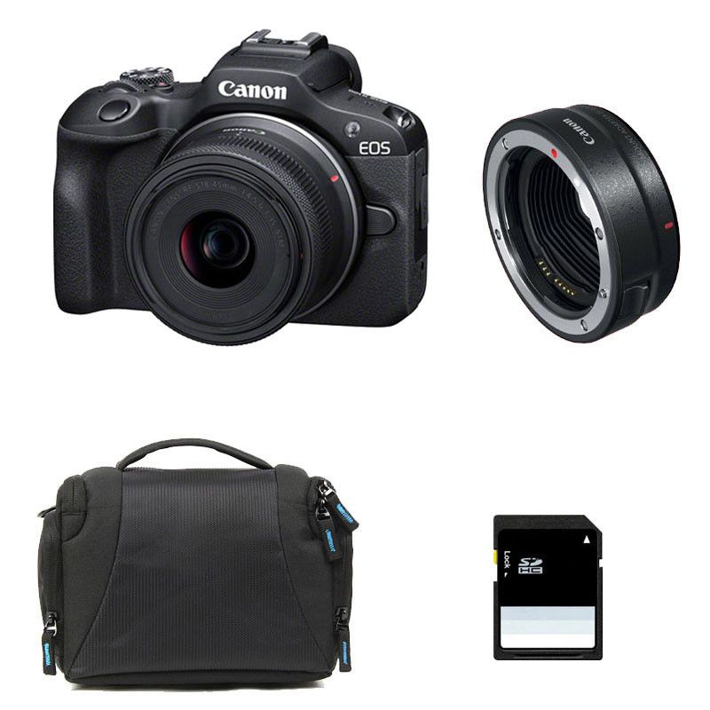 Canon EOS R100 + RF-S 18-45mm f/4.5-6.3 IS STM 3-Year Warranty + Bag + 8GB SD Card + EF-EOS R Ring