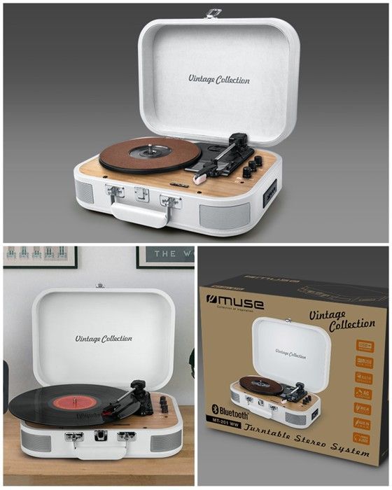 Musie Vinyl Player - Vintage - White - Bluetooth - USB - 33/45/78 Speed