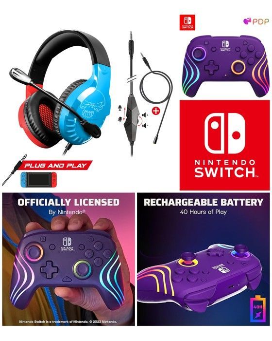 Auricular Oficial de Nintendo Switch PDP - Rojo y Azul - Estéreo 2.0 - Inalámbrico - Compatible con OLED/Switch/Lite