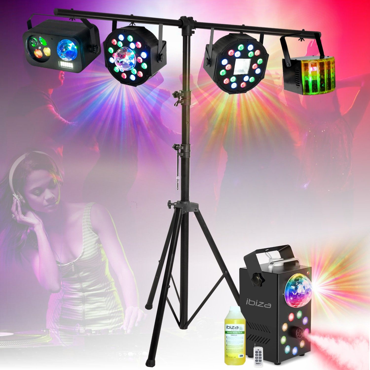 Party LIGHT PACK - Lighting Stand with 2 Projectors - Derby Effect - 3-in-1 Gobo Strobe Astro Machine Smoke