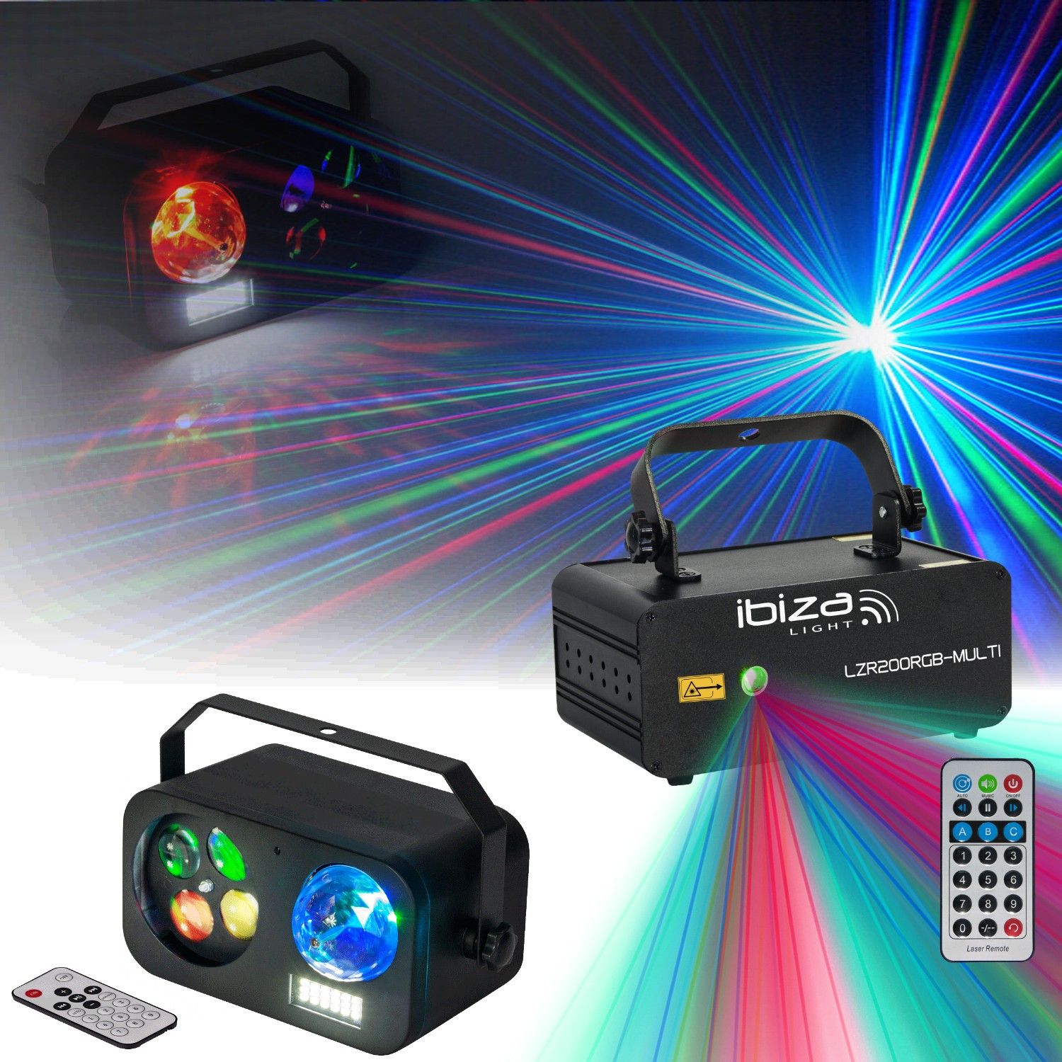 Paquete de luz Ibiza LZR200RGB-MULTI - Efecto láser 3 en 1 Astro Gobo y Stroboscopio COMBILED20 para clubes y bares