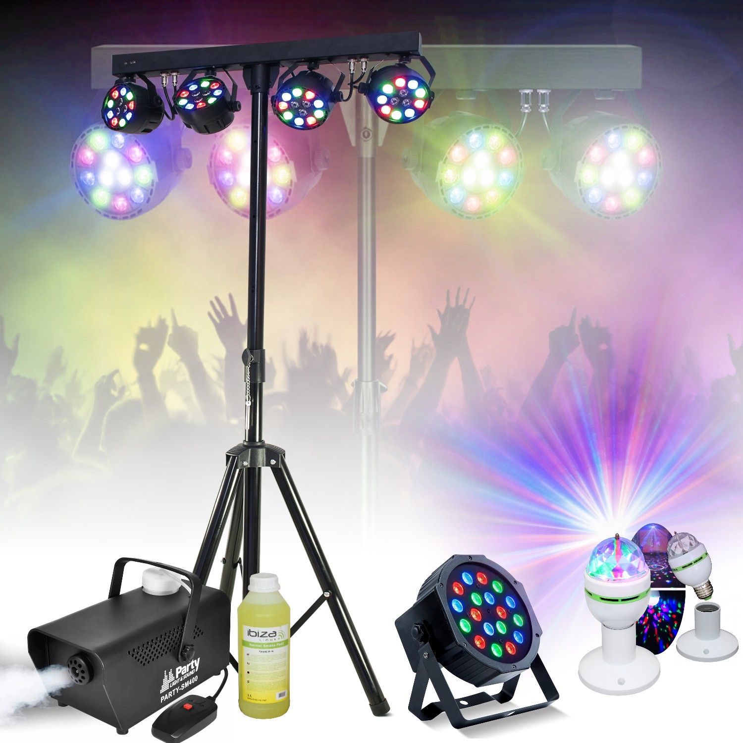 Kit de Luz Boost - Portal DJ con 4 Proyectores, Máquina de Humo Party, Luces LED