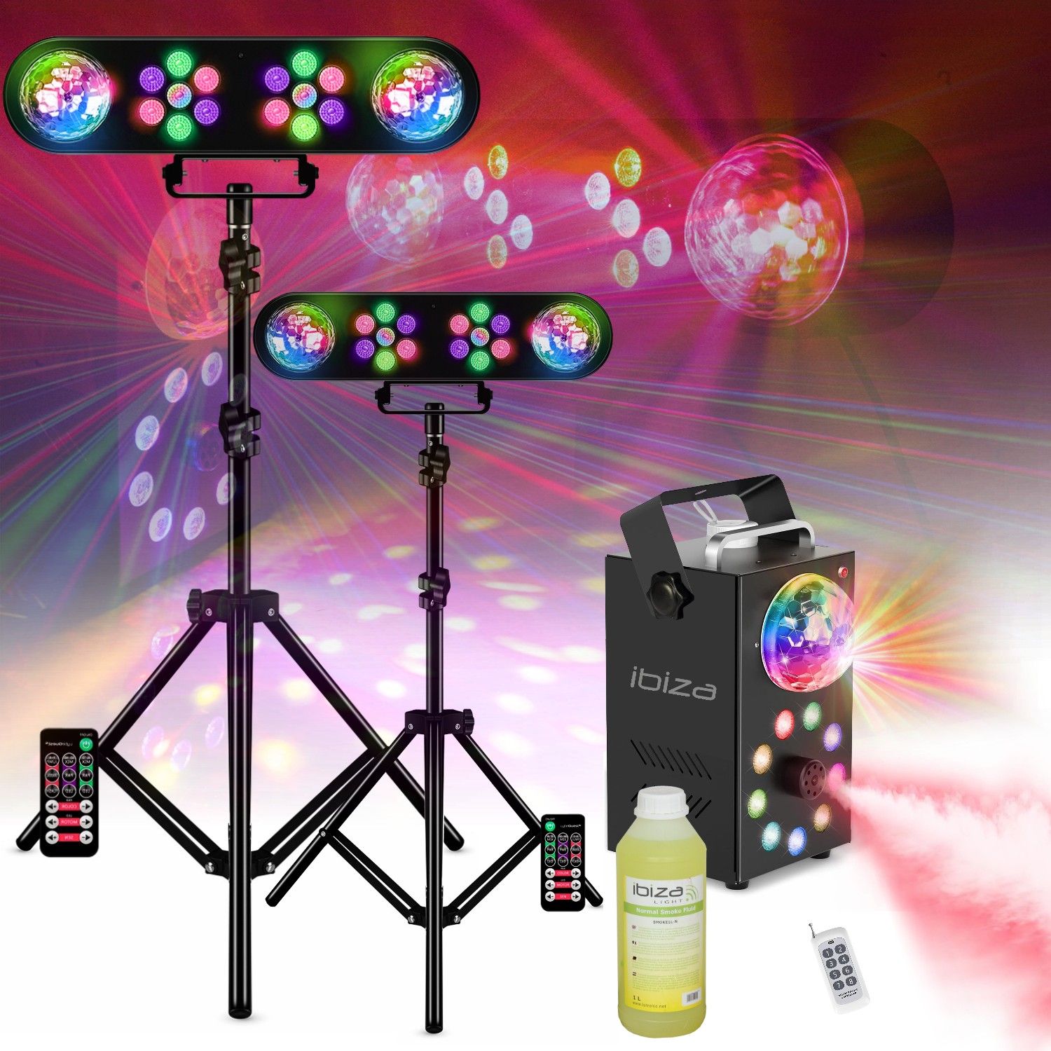 Ibiza Light Moving Light Kit - 2 Foot Par Lights with RGB Rotating Stars - Fog Machine for Party, Bar, Anniversary