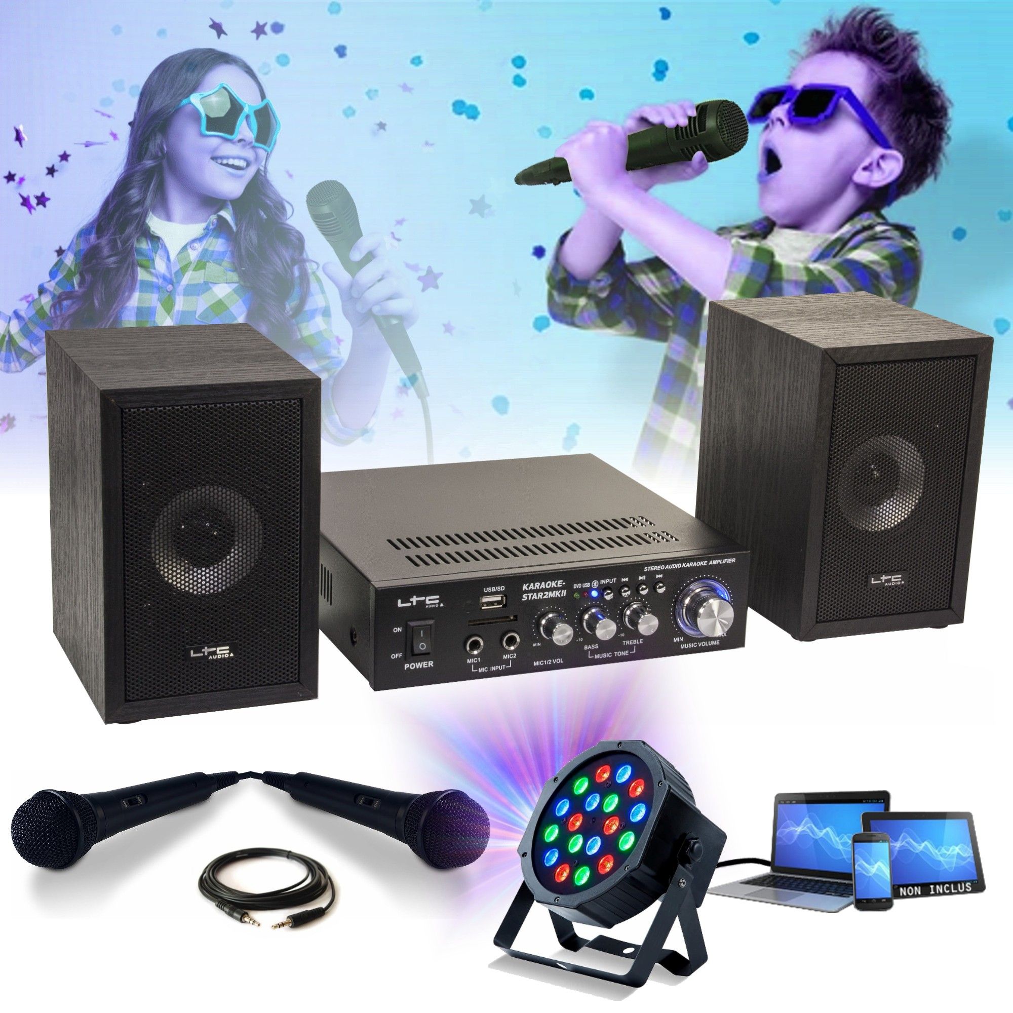 Paquete de karaoke LTC Audio STAR2MKII para niños - Bluetooth USB SD 100W 2 altavoces 2 micrófonos amplificador 1 - Proyector LED RGB - Regalo de fiesta