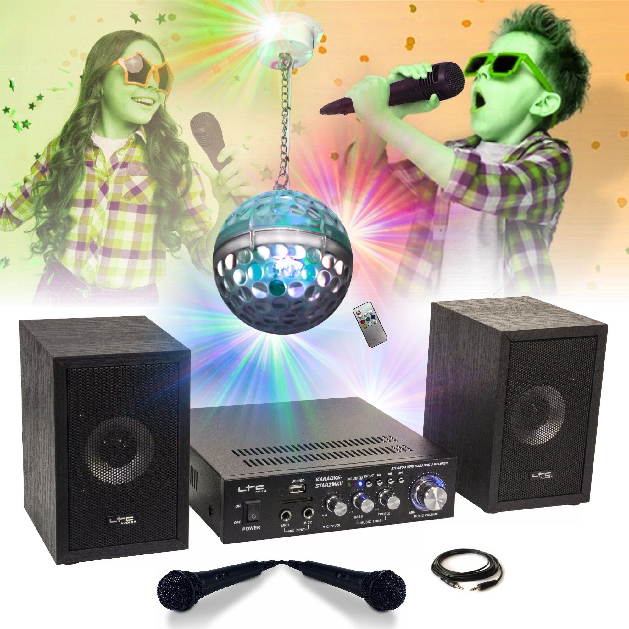 Paquete para Niños LTC Audio KARAOKE-STAR2MKII - Bluetooth USB SD 100W 2 Altavoces 2 Micrófonos 1 Amplificador - Luz de Disco LED RGB Regalo Fiesta Música