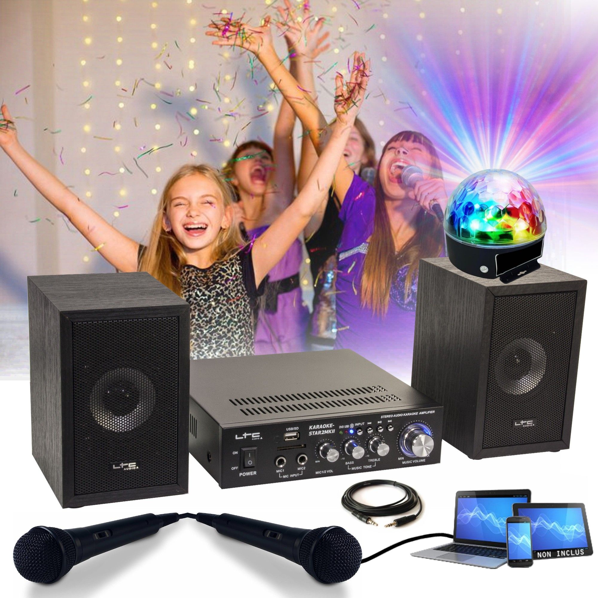 Paquete KARAOKE STAR2MKII de LTC Audio para Niños - 2 Altavoces, 2 Micrófonos, Amplificador Bluetooth, USB/SD, 100W, Juego de Luces Astro LED RGB