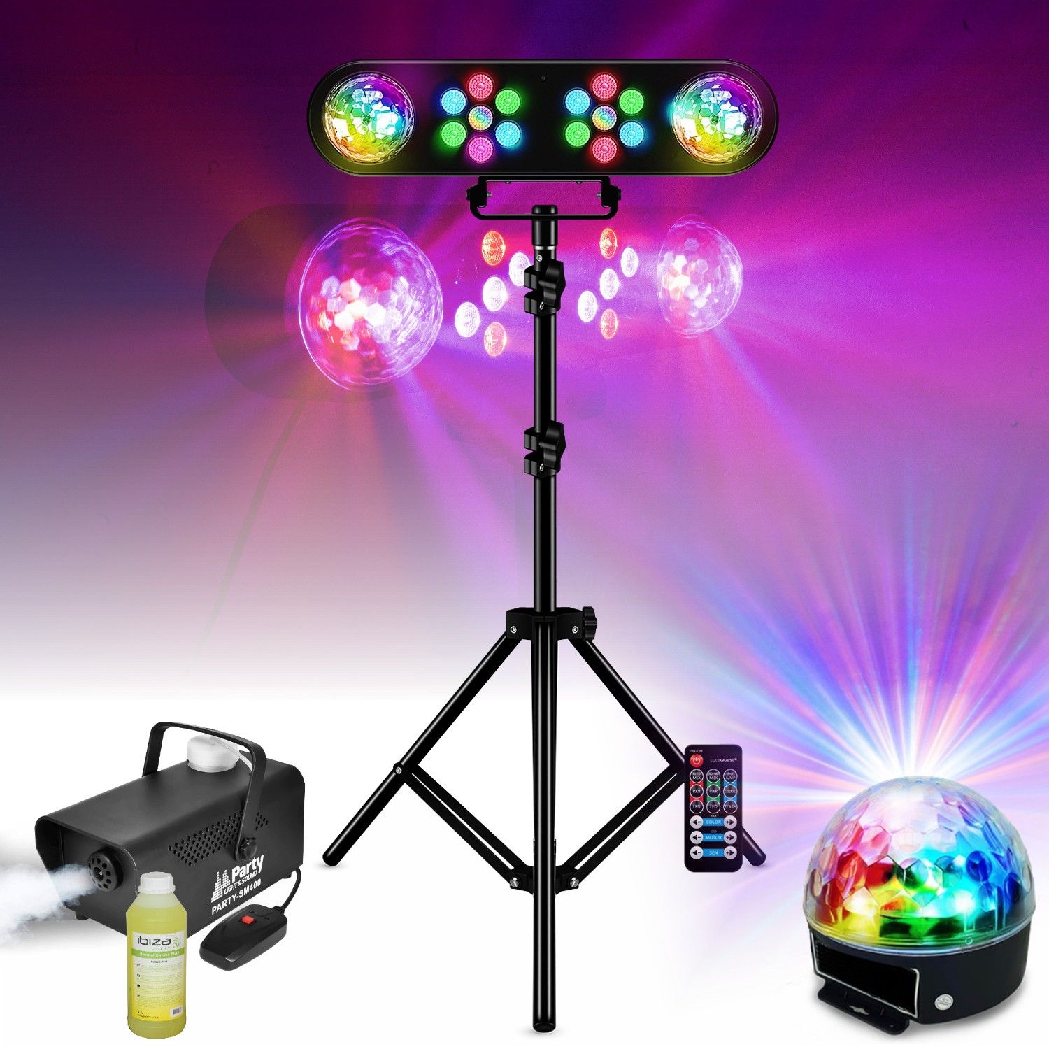 Kit de iluminación y humo DJ LEDBAR-ASTRO-RC de MOOVING LIGHT & SOUND y máquina de humo PARTY-SM400 con efectos de luz Astro LED RGB