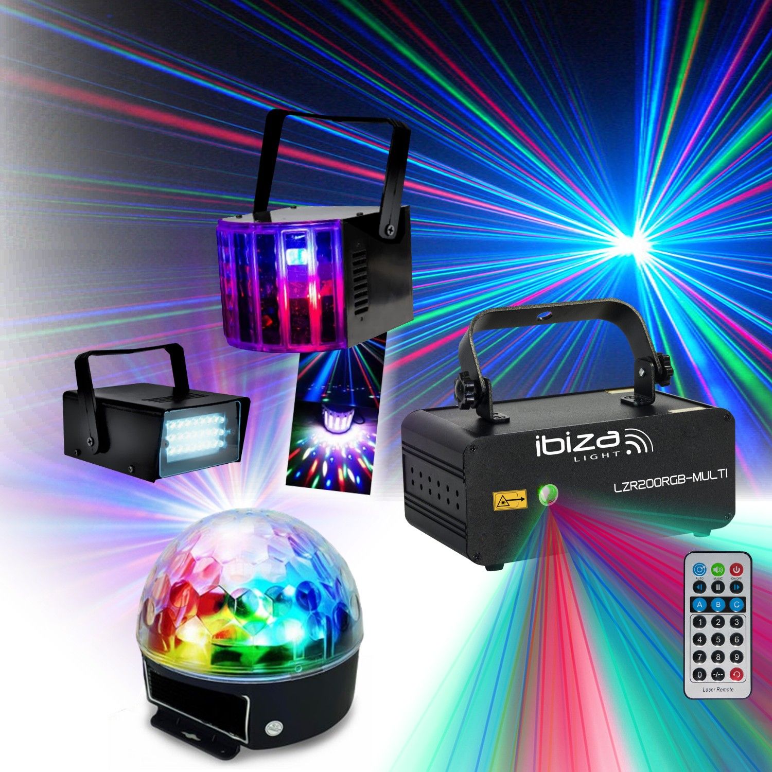 Ibiza Light PARTY-3PACK Strobe, Astro & Derby Light Set - Laser Ibiza LZR200RGB-MULTI
