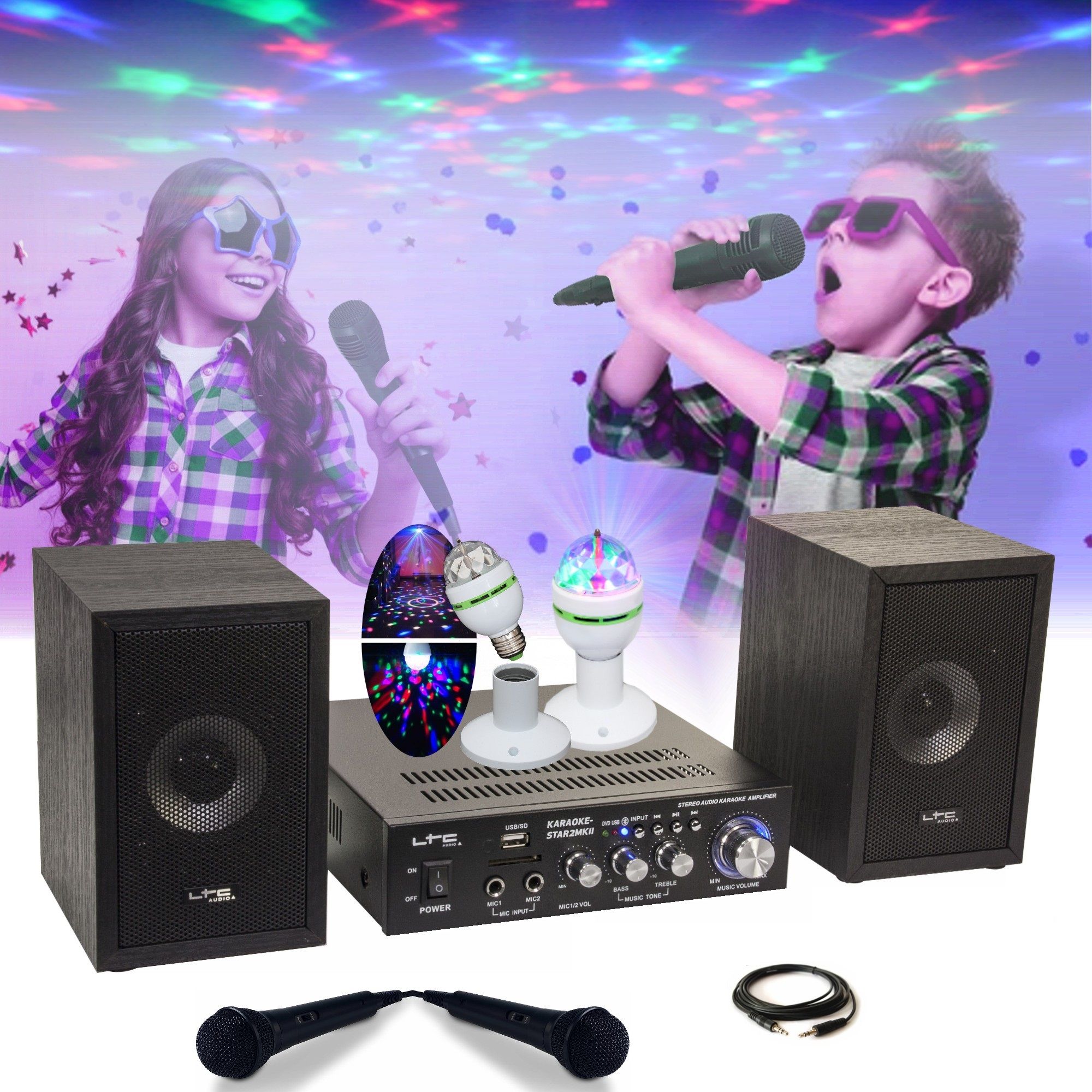 Paquete LTC Audio KARAOKE-STAR2MKII para Niños - 2 Altavoces, 2 Micrófonos, Amplificador Bluetooth, USB/SD, 100W, Efecto de Luz Astro Giratoria