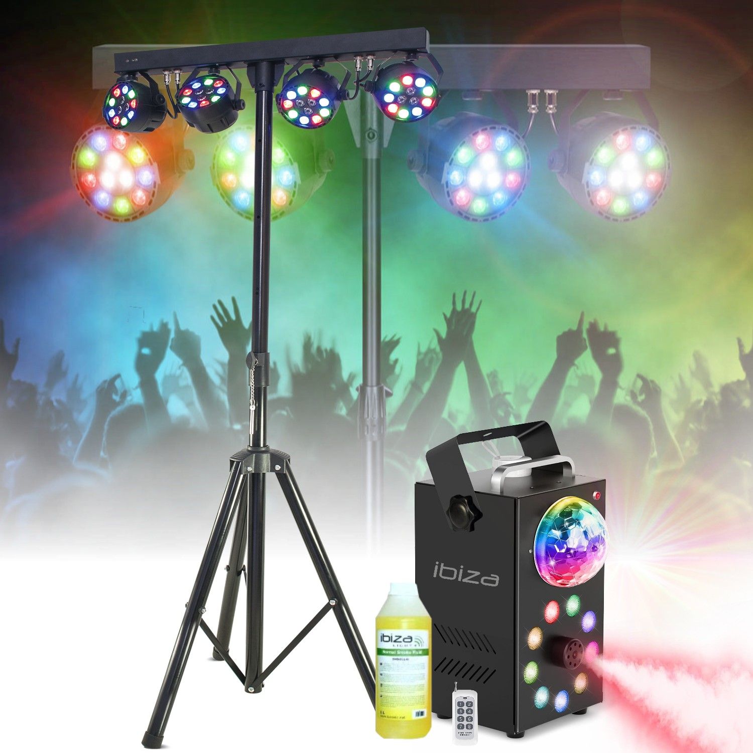 IBIZA LIGHT Pack de luces con pie de iluminación de 4 proyectores LED RGB - Máquina de humo 3 en 1 - Regalo para fiesta noche DJ