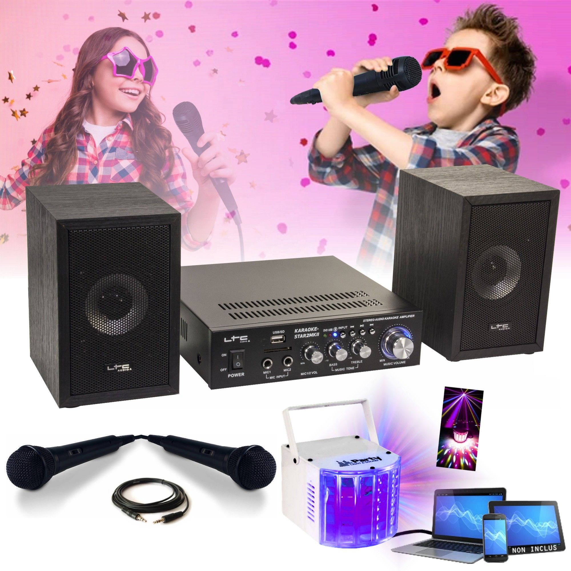 Paquete para Niños LTC Audio KARAOKE-STAR2MKII - 2 Altavoces, 2 Micrófonos, 1 Amplificador, Bluetooth, USB, SD, 100W - Espectáculo de luces multibeam - Regalo