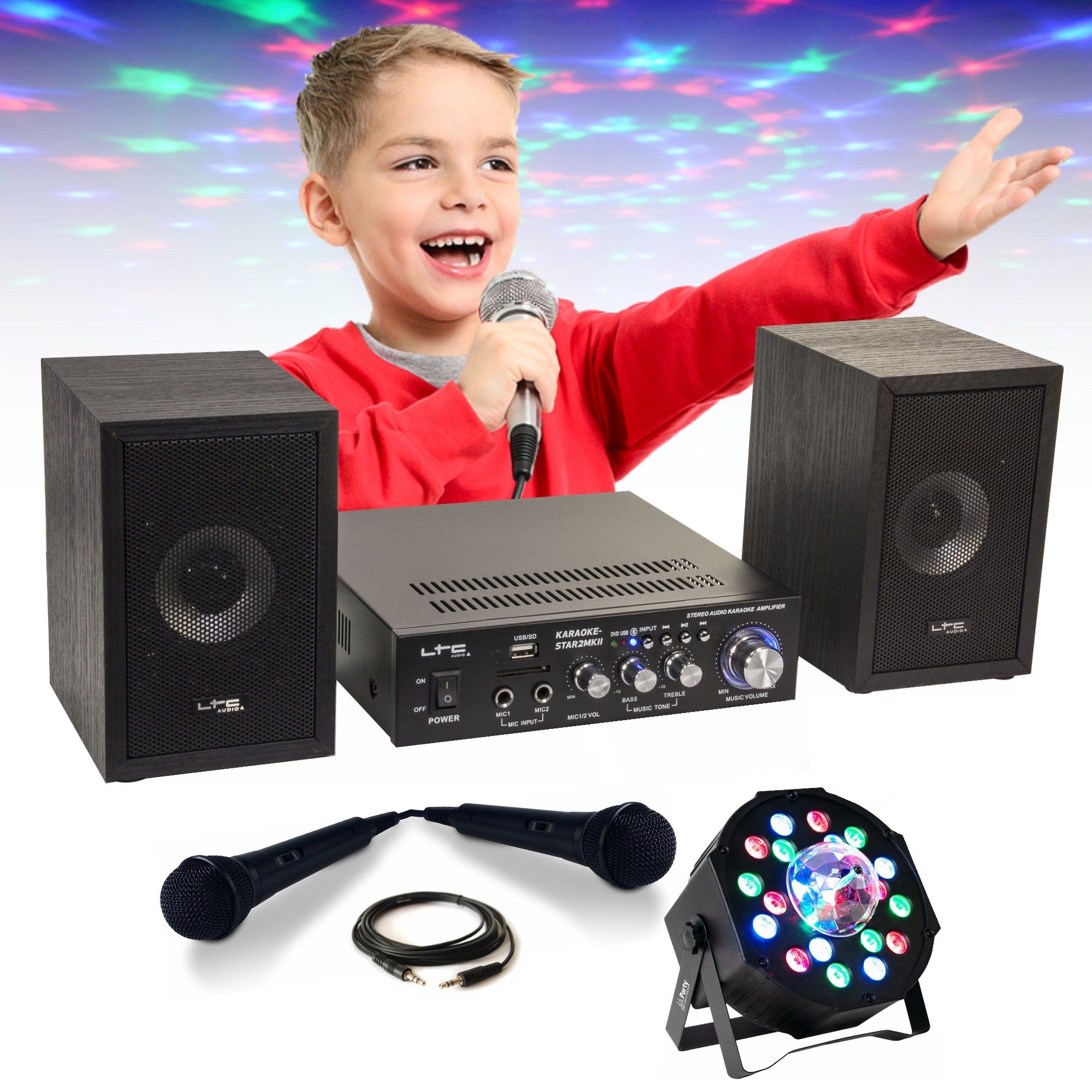 Kit LTC Audio KARAOKE-STAR2MKII Enfants - 2 Enceintes, 2 Micros, Ampli Bluetooth, USB/SD, 100W - Projecteur 2-en-1 Astro Lumière