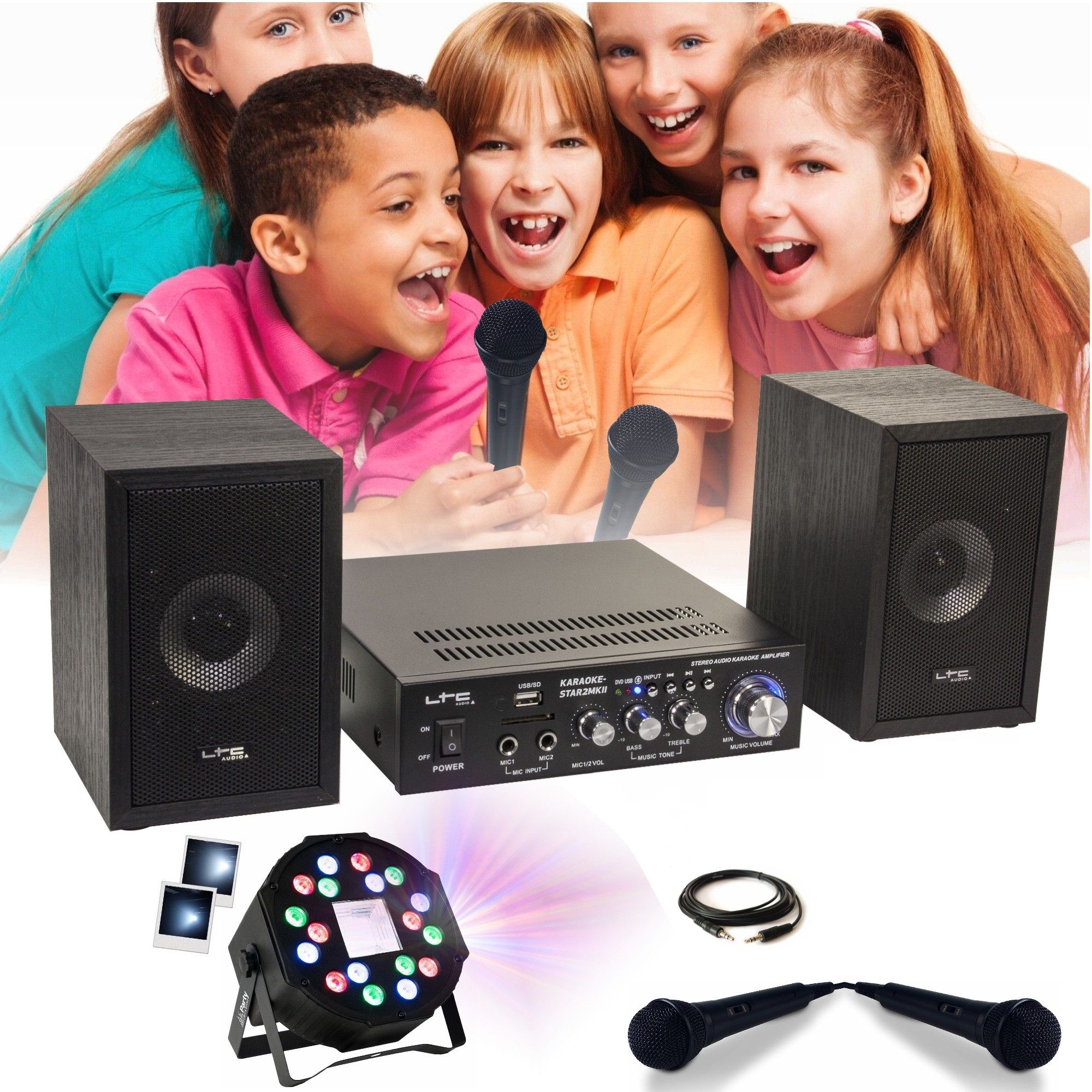 Paquete LTC Audio KARAOKE-STAR2MKII para niños - Bluetooth USB SD 100W 2 altavoces 2 micrófonos 1 amplificador - Proyector de 2 en 1 estroboscópico regalo