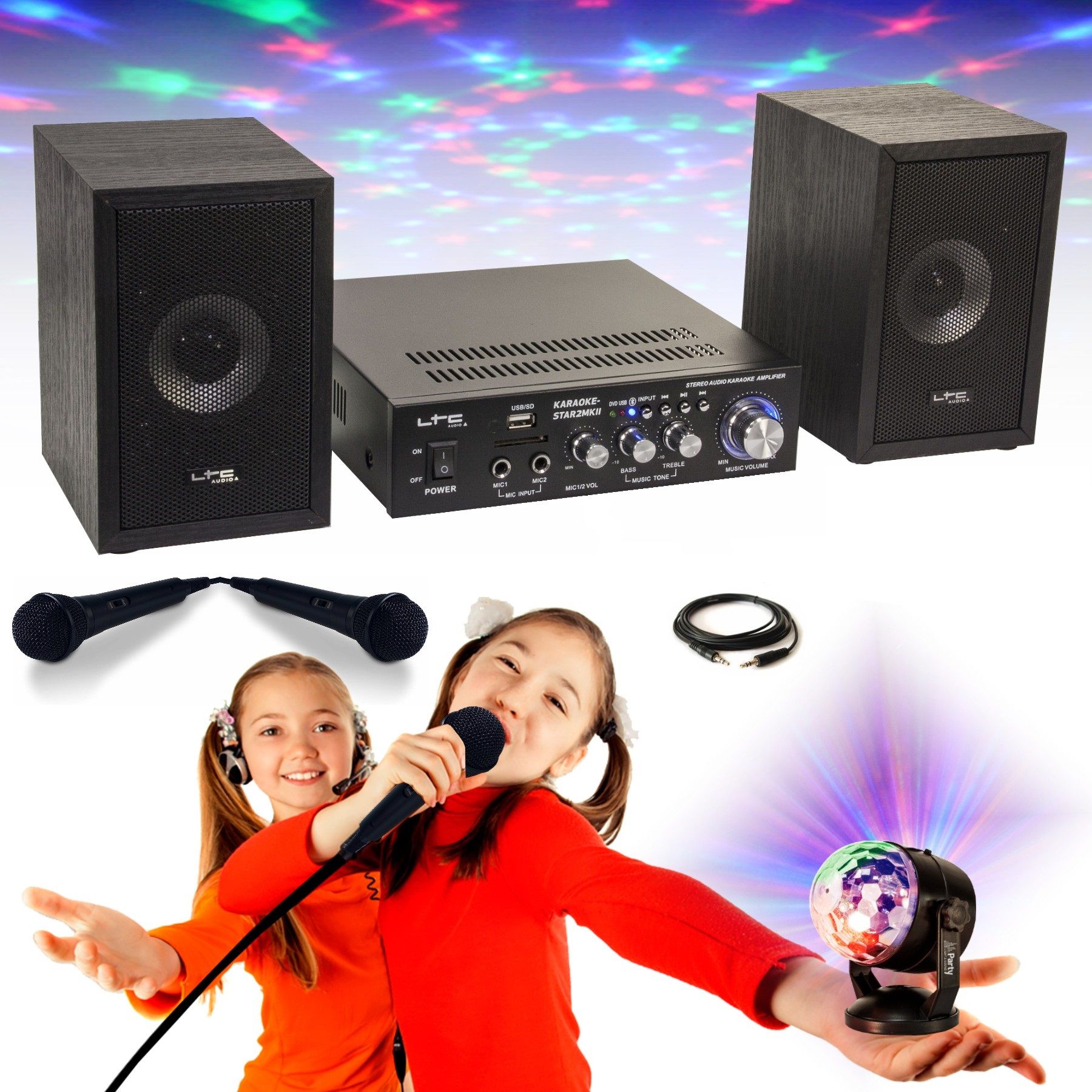 Kit Karate LTC Audio STAR2MKII Niños - 2 Altavoces, 2 Micrófonos, Amplificador Bluetooth, USB/SD, 100W, Efectos de Luz Astro RGB