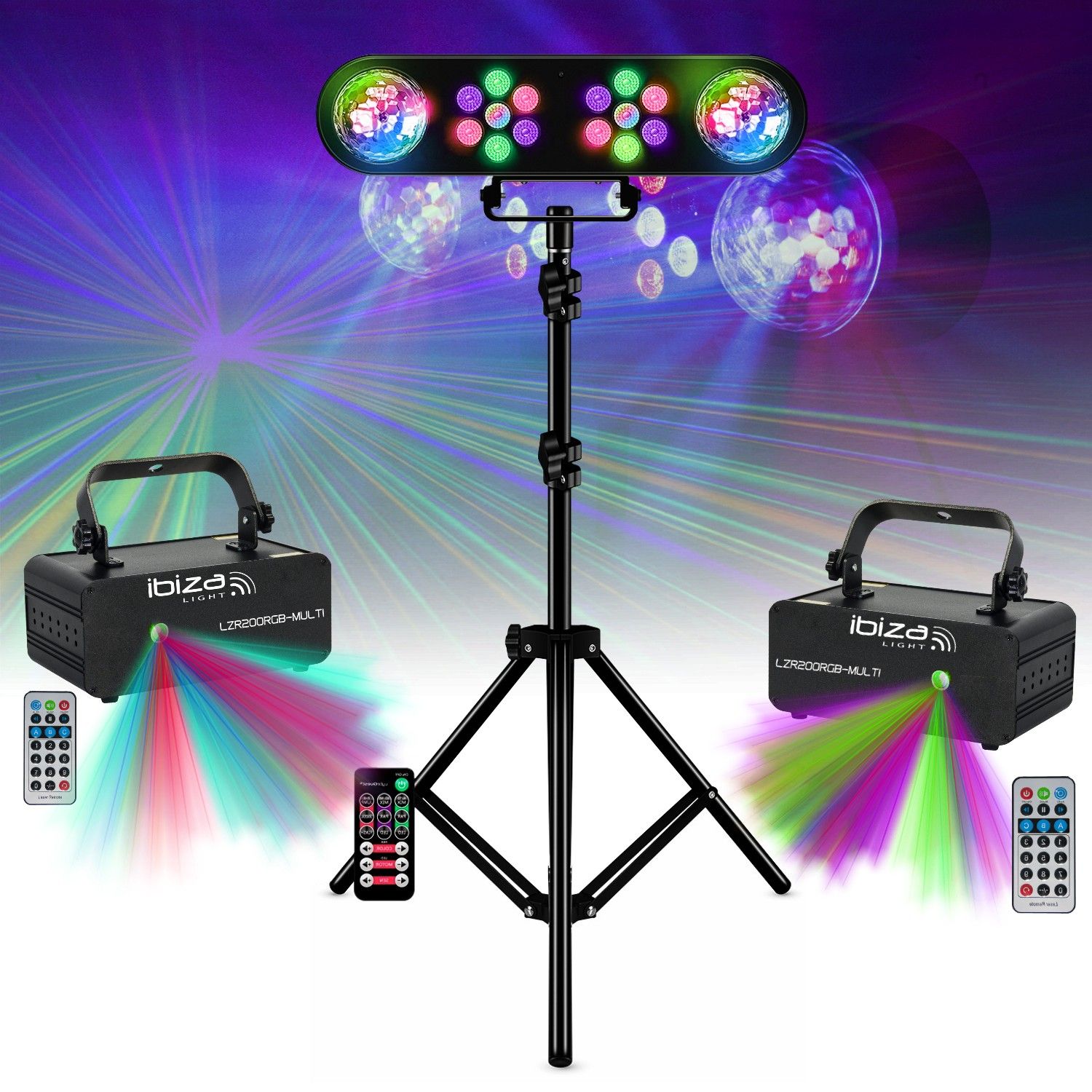 Kit de Iluminación para DJ Portal de Luz - 2 Láseres Ibiza LZR200RGB-MULTI para Fiesta Ambiente