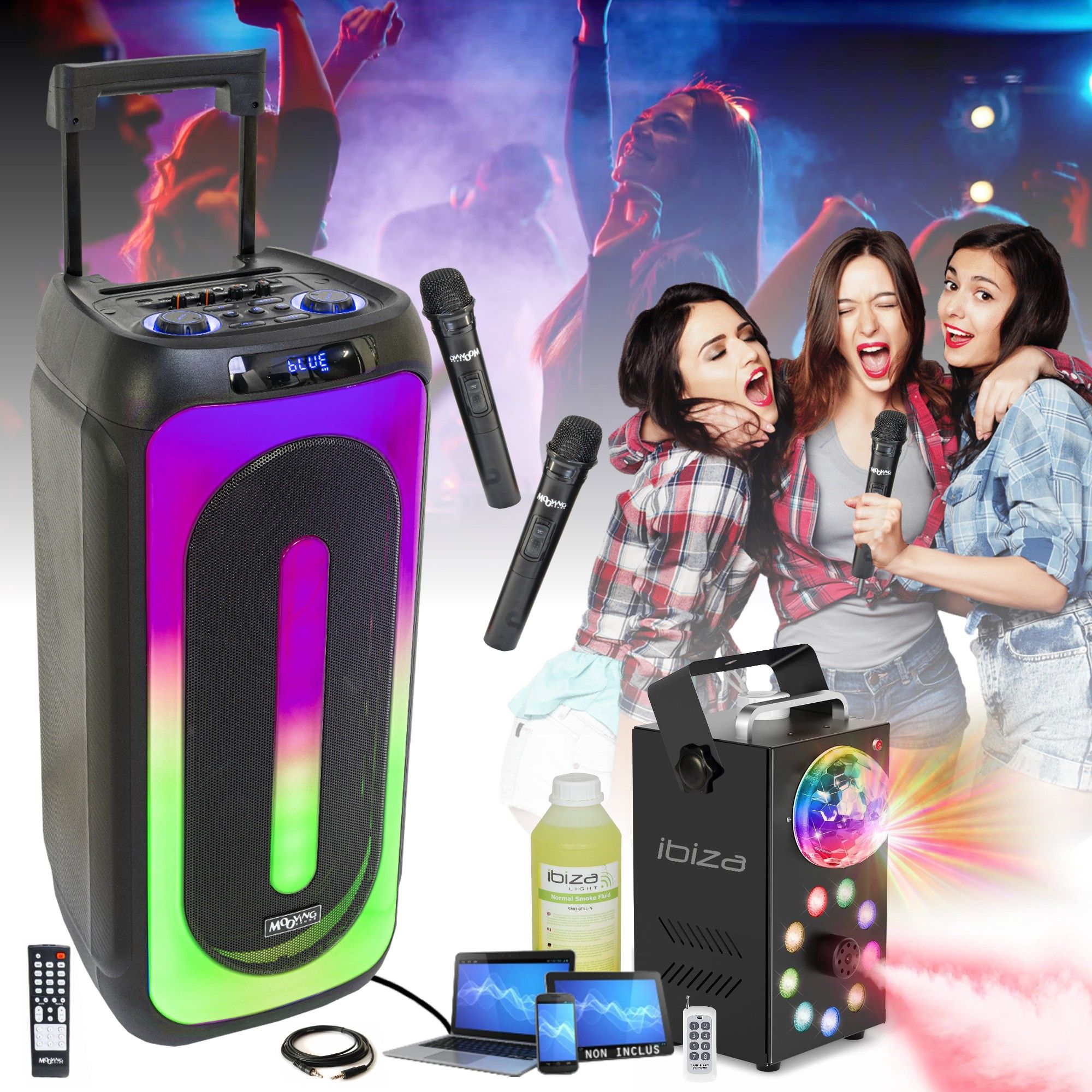 Ibiza Moving Sound Portable Bluetooth Speaker - 1000W, USB/SD, 2 Wireless Micros, Fog Machine 3-in-1