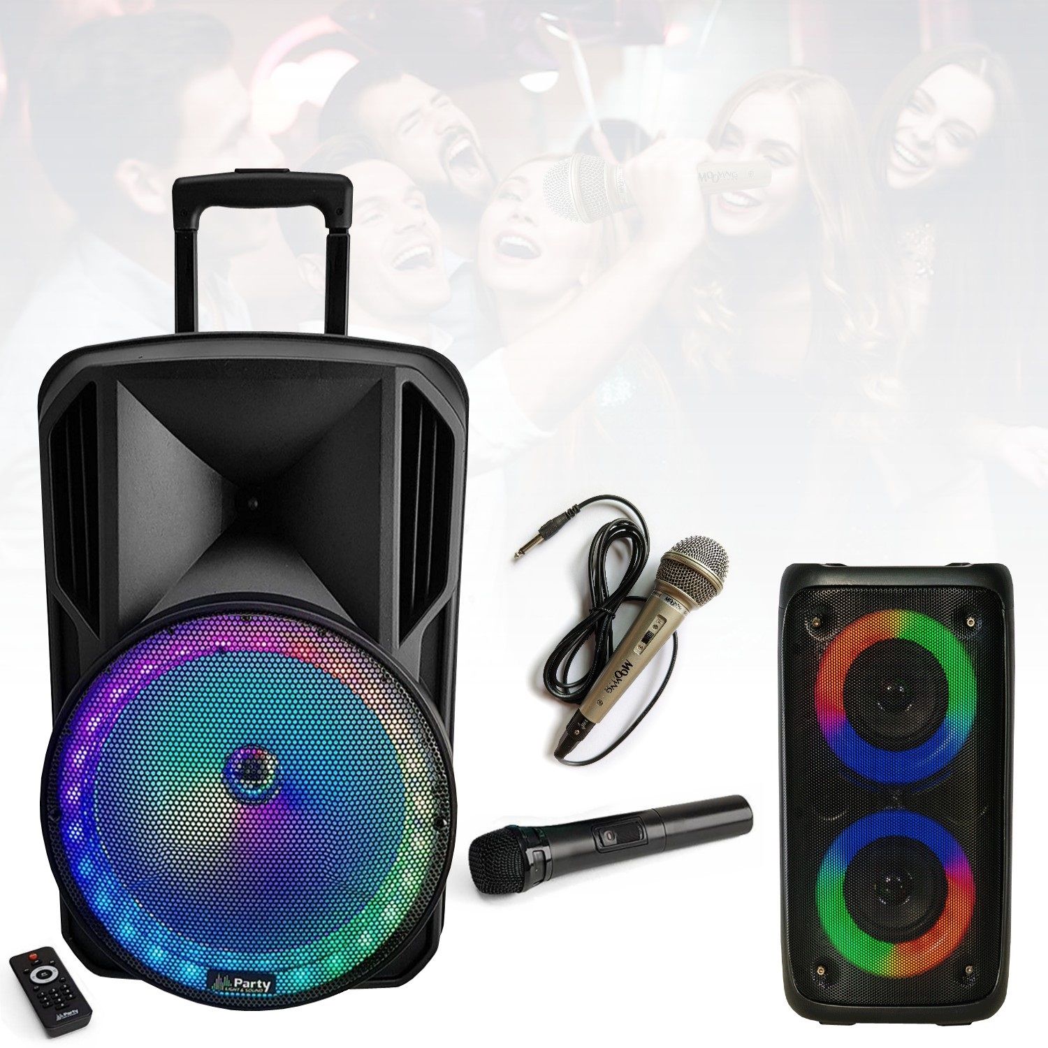 Haut-parleur portable sur batterie PARTY-12RGB avec lumières LED RGB - 2 micros - Karaoké pour enfants LEO-250 - Fête