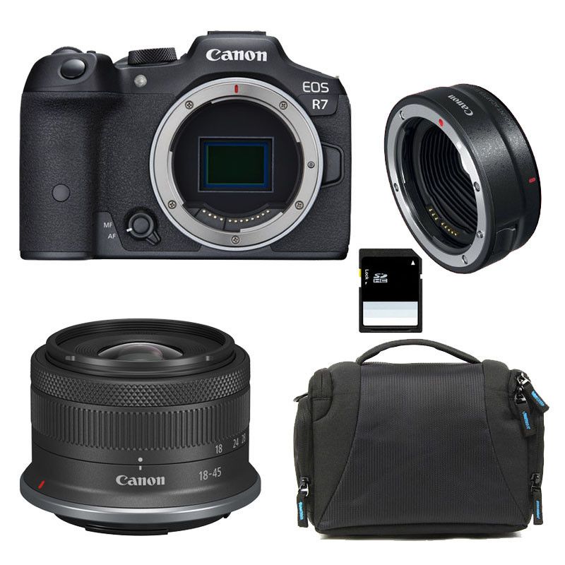 Canon EOS R7 + RF-S 18-45mm f/4.5-6.3 IS STM 3-Year Warranty + Bag + 8GB SD Card + EF-EOS R Ring