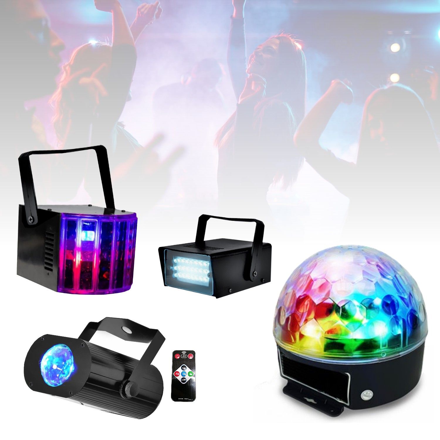 Party Astro Light Kit - 4-Piece Strobe, Derby, Miniwave, and Astro Lights