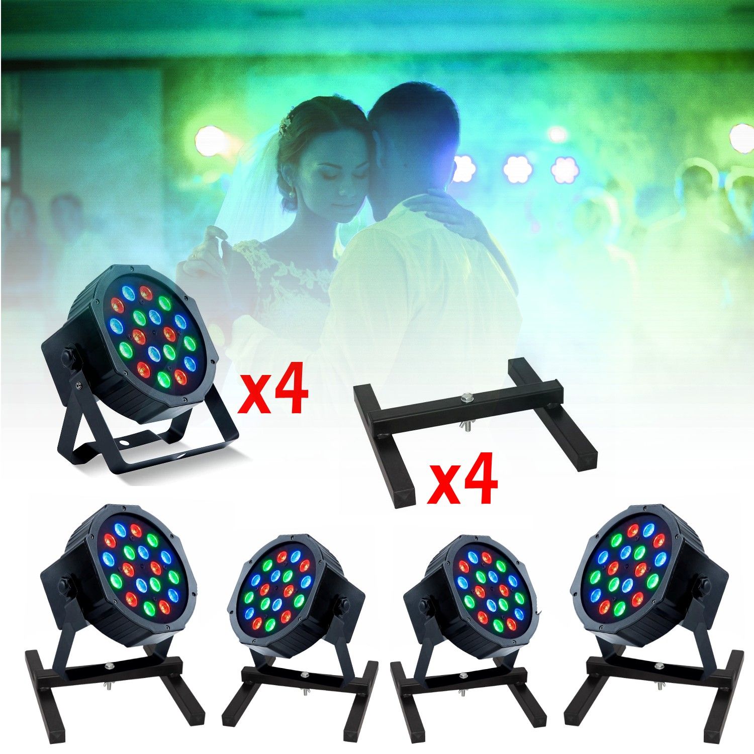 Ibiza RGB LED Party Projector Pack (4x 18x1W PAR Projectors + 4 Soil Stands)