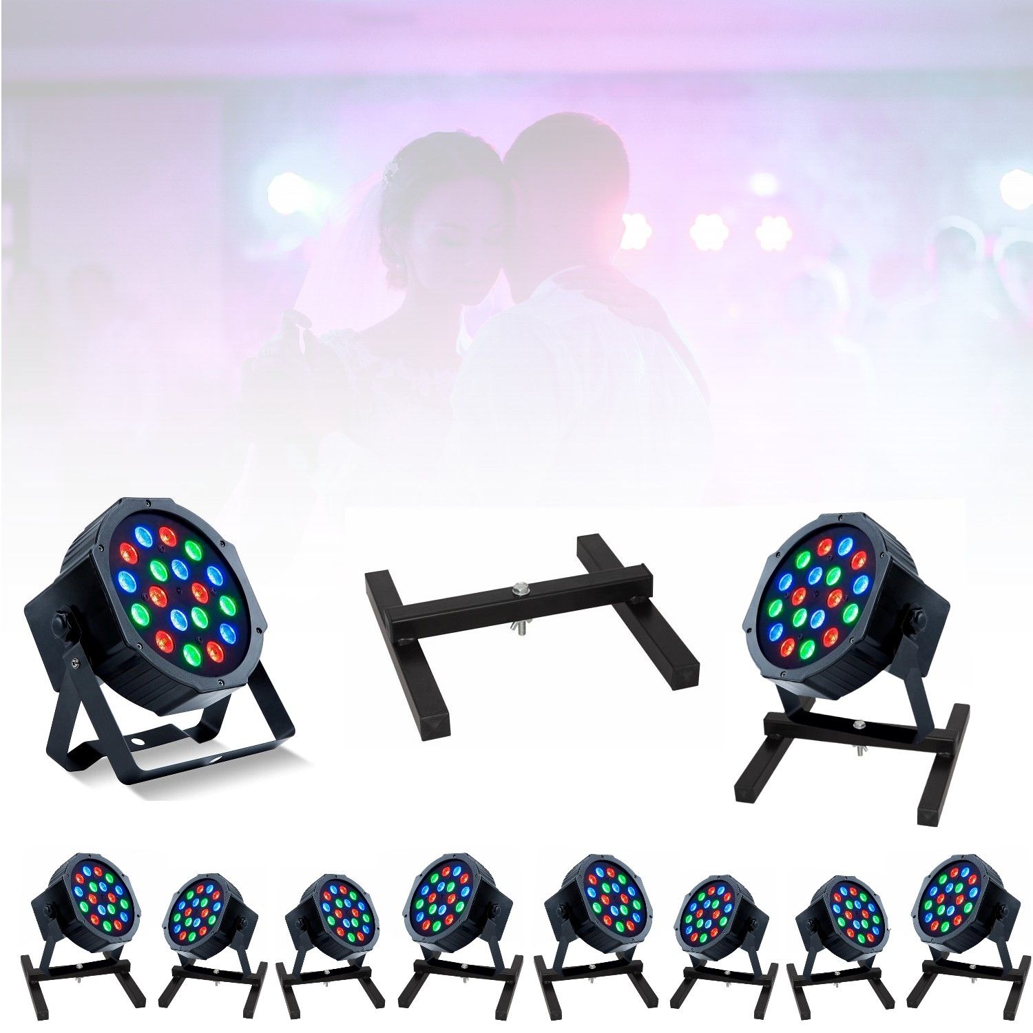 Paquete de 10 Proyectores Party PARTY-PAR181 RGB 18x1W DMX + 10 Estantes Ibiza SL1 - Fiesta Boda Cumpleaños