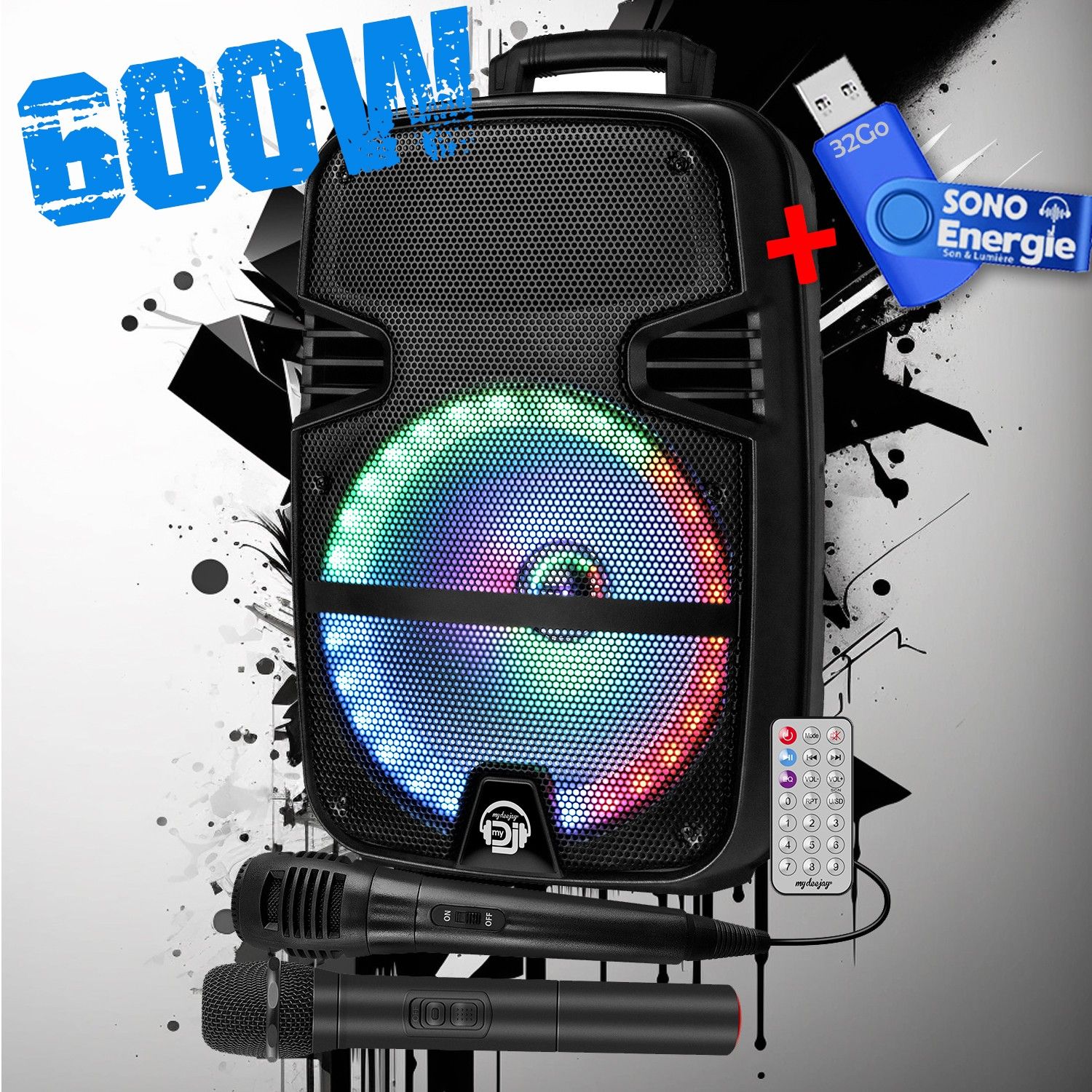 My Deejay MDJ12 Ring LED Speaker - 600W, 12" Bluetooth & USB
