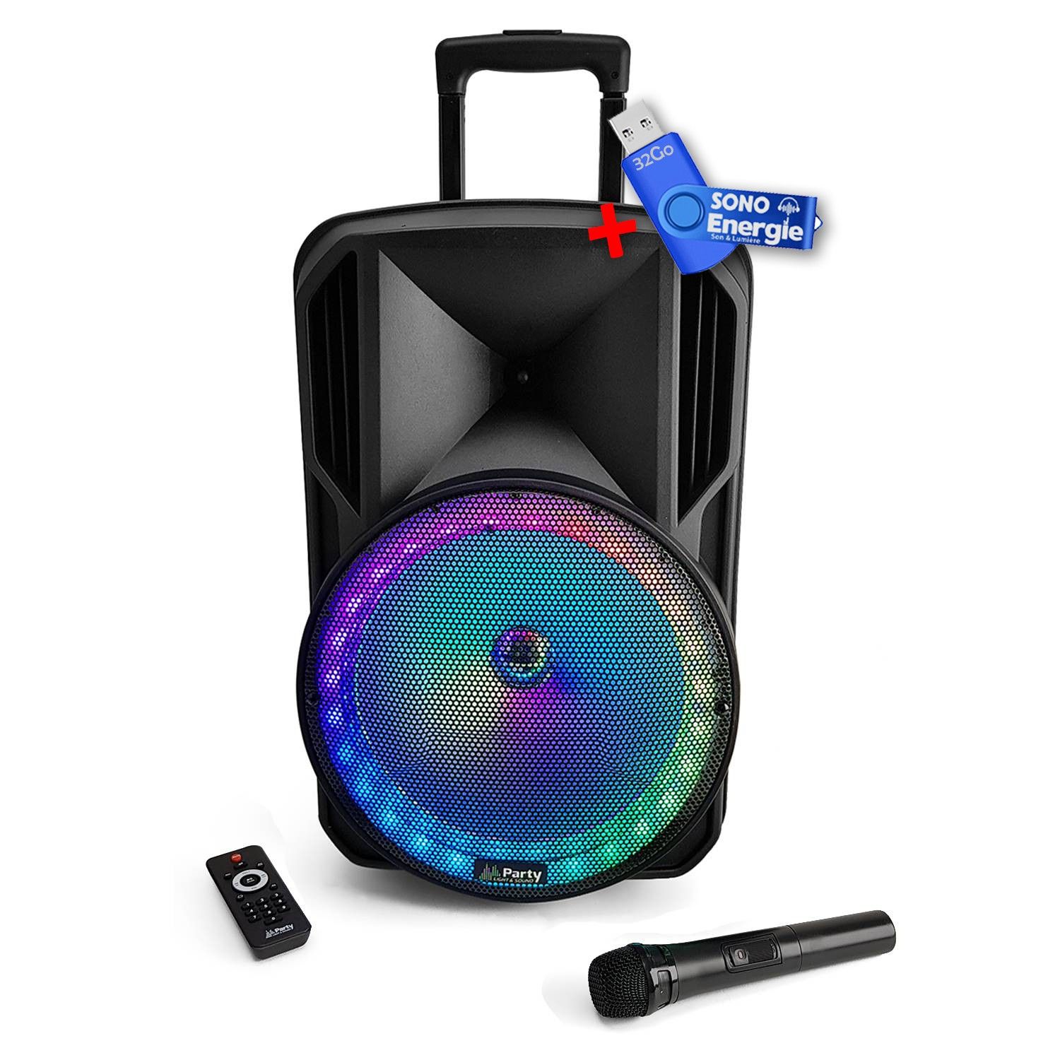 Altavoz portátil Party Sound & Light de 700W con luces LED RGB - USB/micro SD/Bluetooth/FM + micrófono inalámbrico VHF + control remoto + llave USB de 32 GB