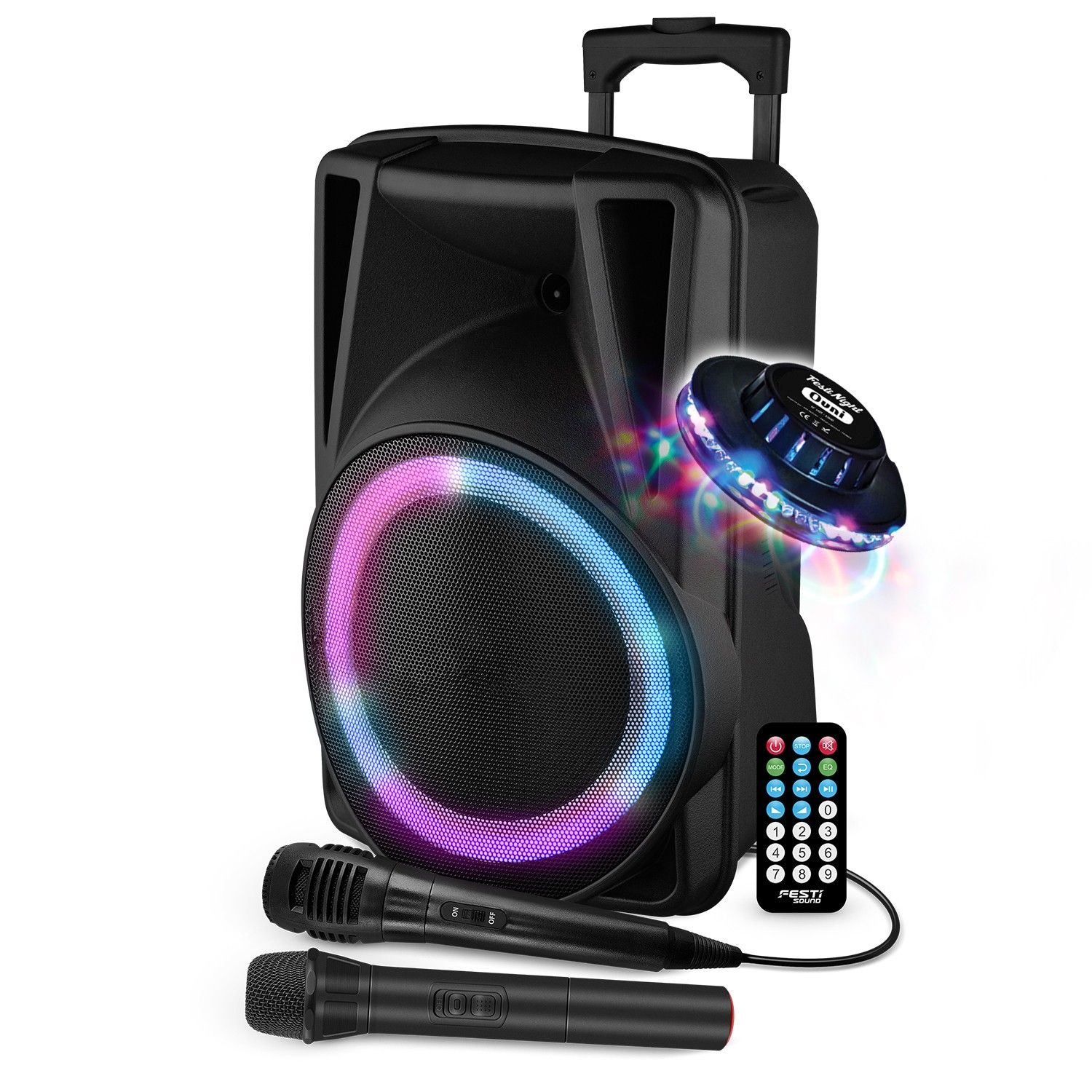 Altavoz activo FestiSound Festi12 - 12" 31 cm - 600 W - Batería - Lámpara LED Anillo RGB - USB SD Bluetooth TWS - 2 micrófonos + luz OVNI
