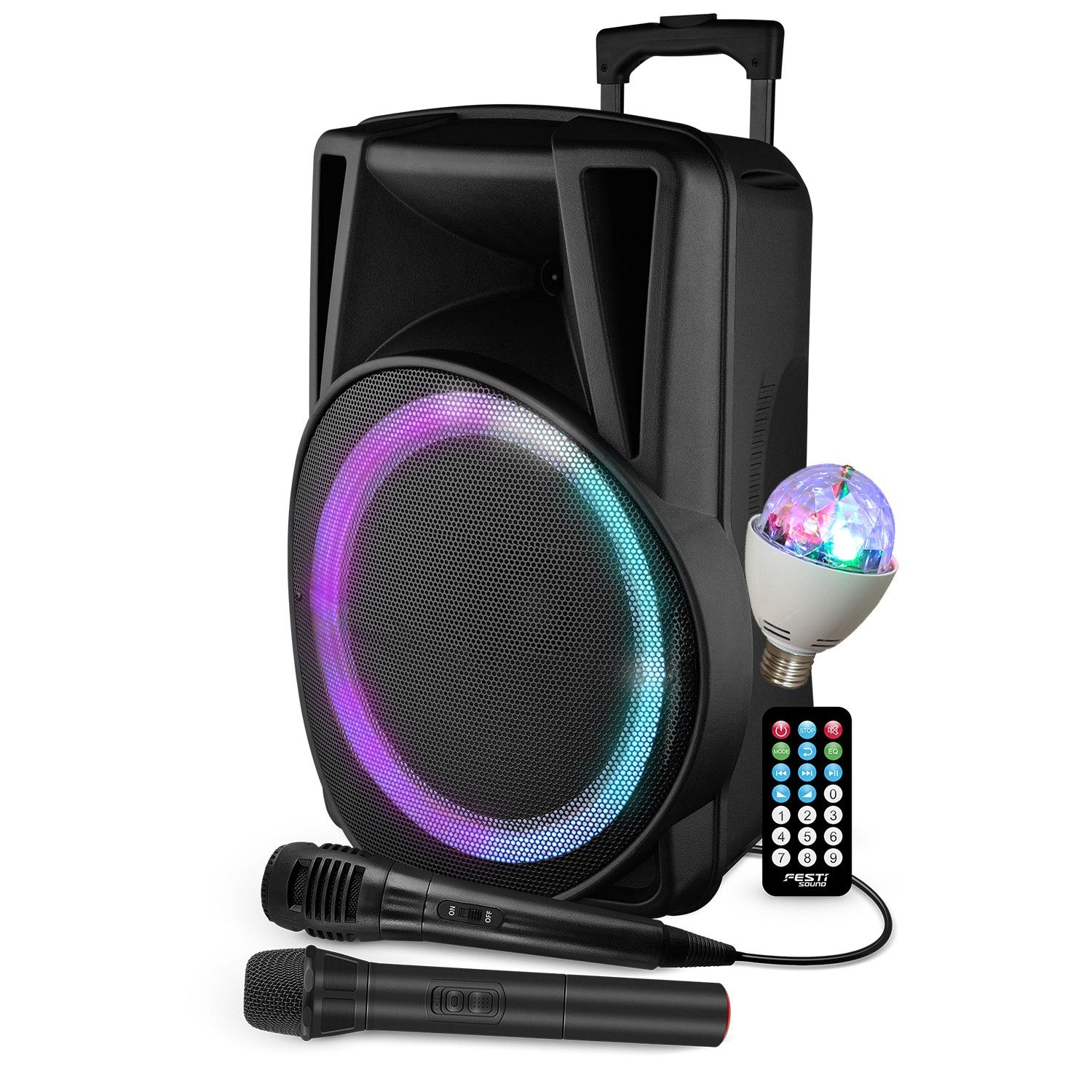 Active Speaker - FestiSound FESTI15 - 38CM - 700W - Battery Powered - LED Ring Effect - USB SD Bluetooth TWS - 2 Micros + Bulb