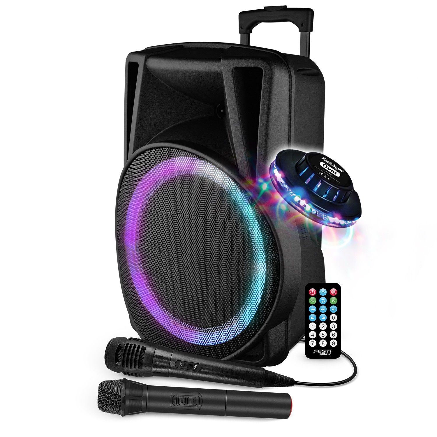 Festisound Active Speaker - FestiSound FESTI15 - 38CM - 700W - Battery Powered - RGB Ring LED Effect - USB SD Bluetooth TWS - 2 Micros + UFO Light