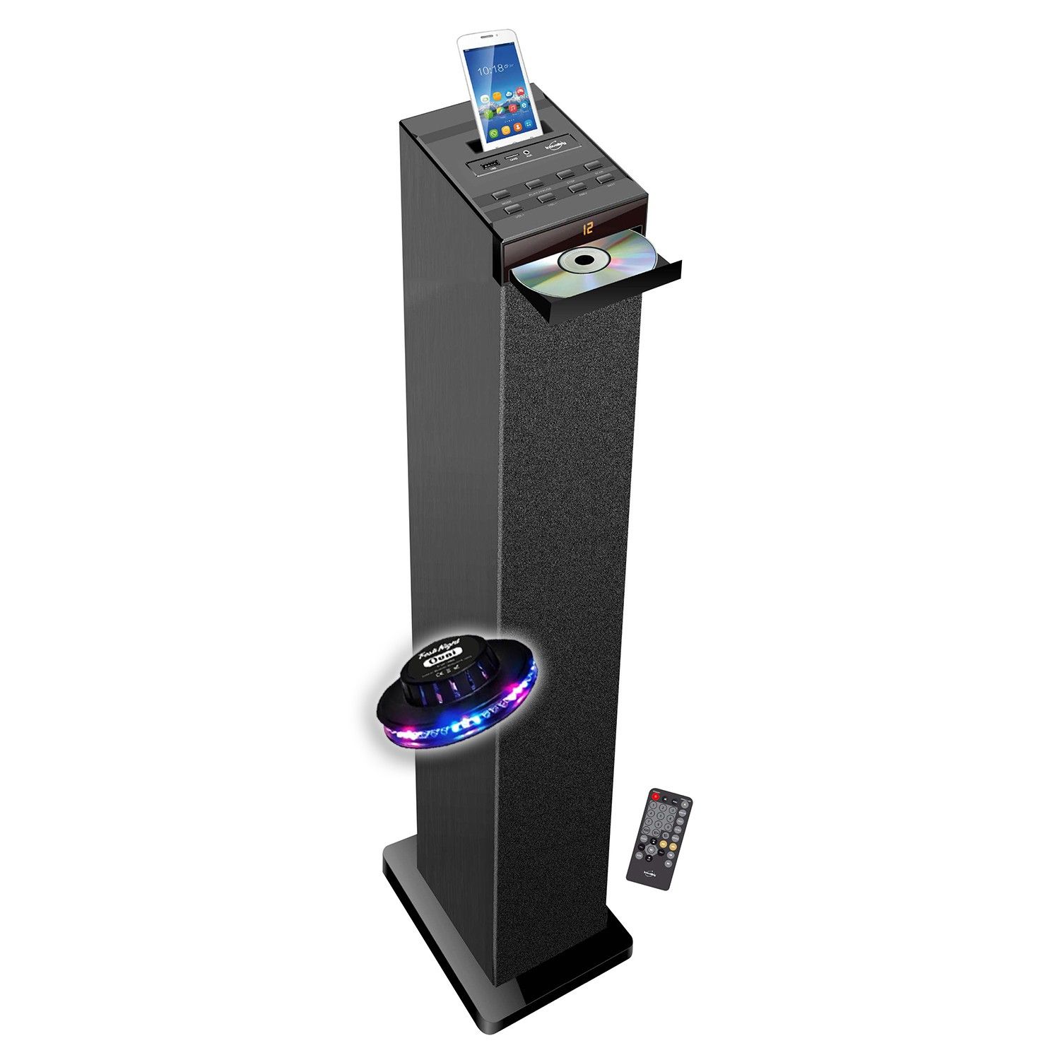 Inovalley BlackTower Bluetooth Sound Tower with CD Player, FM Radio, USB and LED Light Show