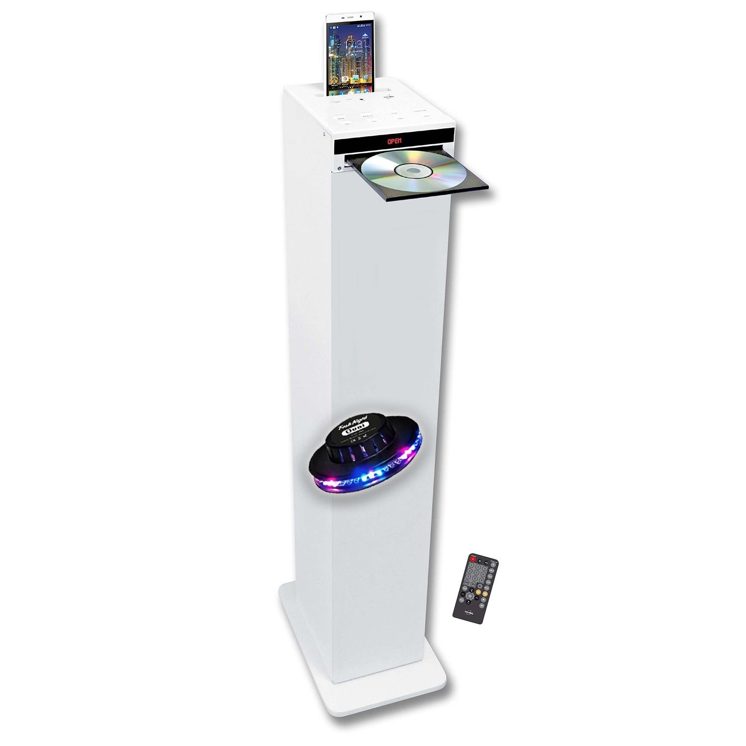 Inovalley Whitetower White Sound Tower with CD Player, Bluetooth, FM Radio and USB, 60W, Remote Control, OVNI LED Light Set