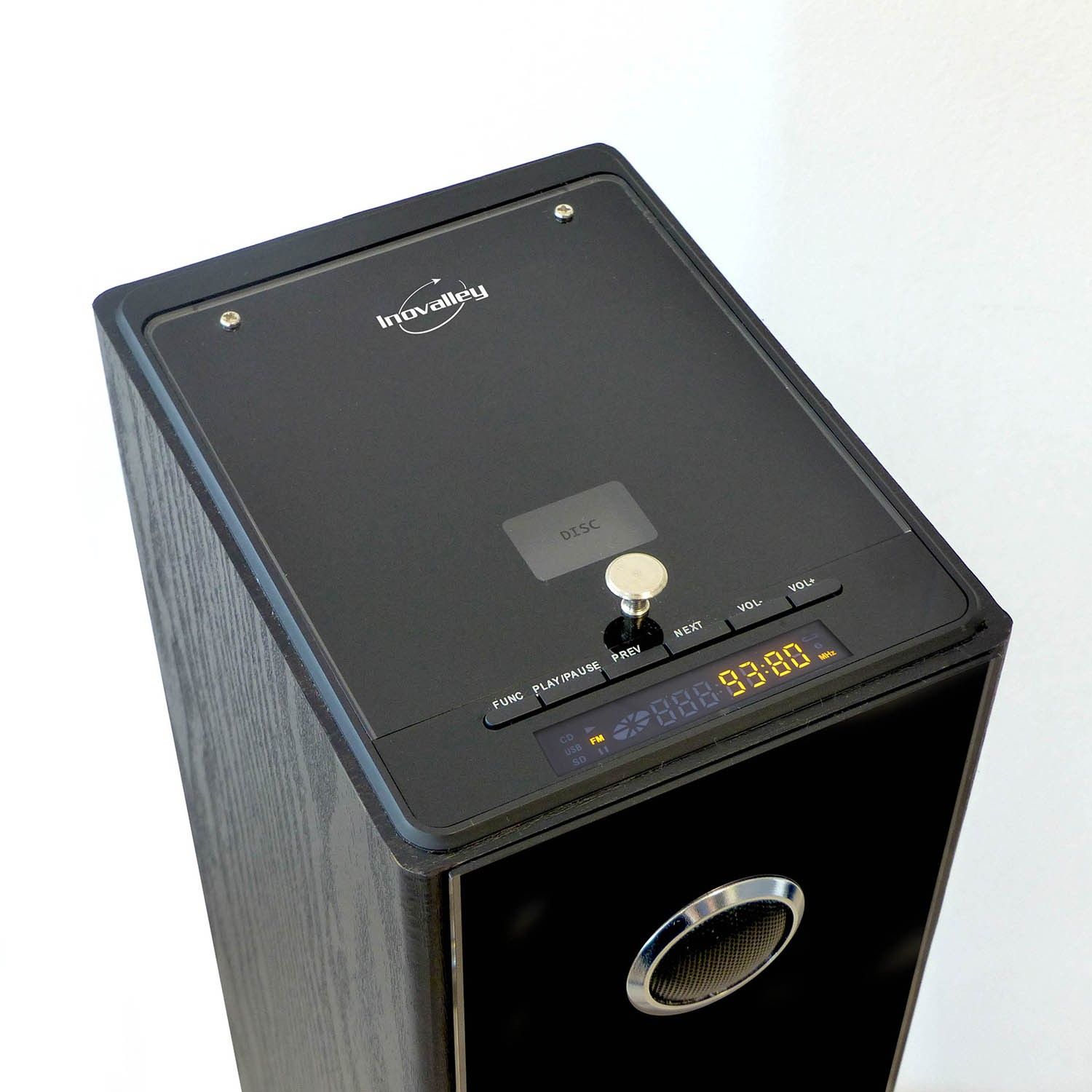 Haut-parleur Inovalley Blacktower avec lecteur CD, Bluetooth, radio FM, USB, 100W, télécommande, jeu de lumière OVNI LED