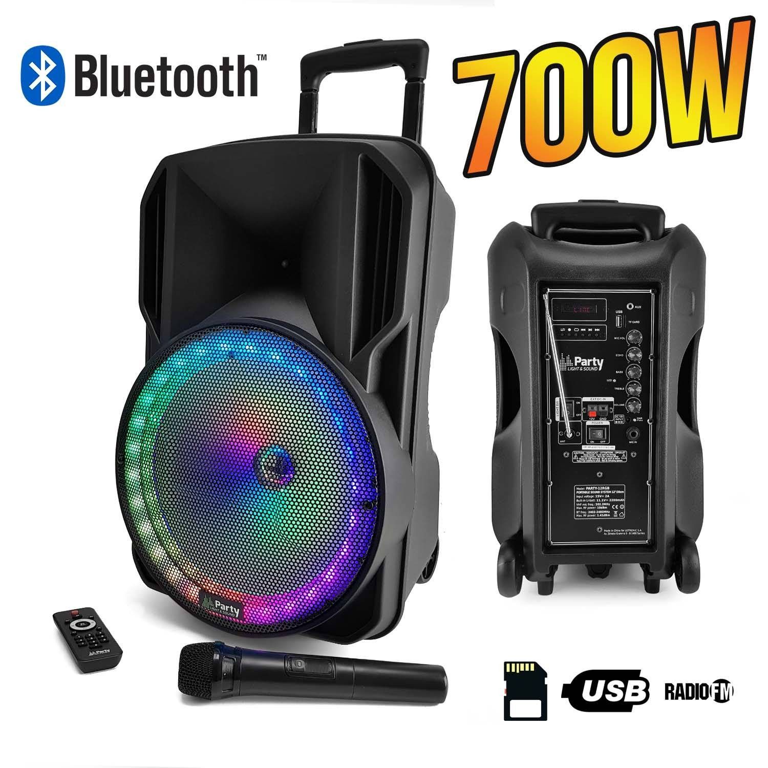 Altavoz de fiesta DJ Karaoke Party Sound & Light - Altavoces móviles de discoteca de 700W con luces LED RGB integradas, USB/Micro SD/Bluetooth/Radio FM + Micrófono VHF inalámbrico + Efecto de luz OVNI