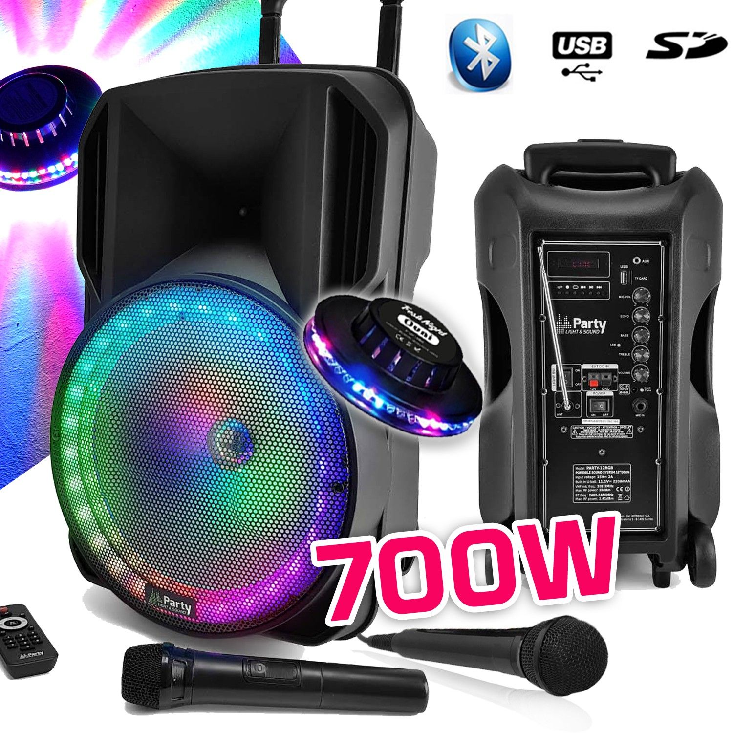 Altavoz DJ fiesta karaoke - 700W portátil con batería, luces LED RGB 12, USB/SD/Bluetooth/FM Radio + OVNI
