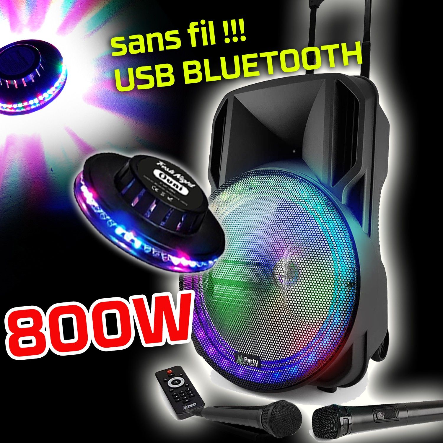 Altavoz Party Sound & Light DJ PARTY KARAOKE - 800W portátil con batería y luces LED integradas, Bluetooth, radio FM y espectáculo de luces OVNI