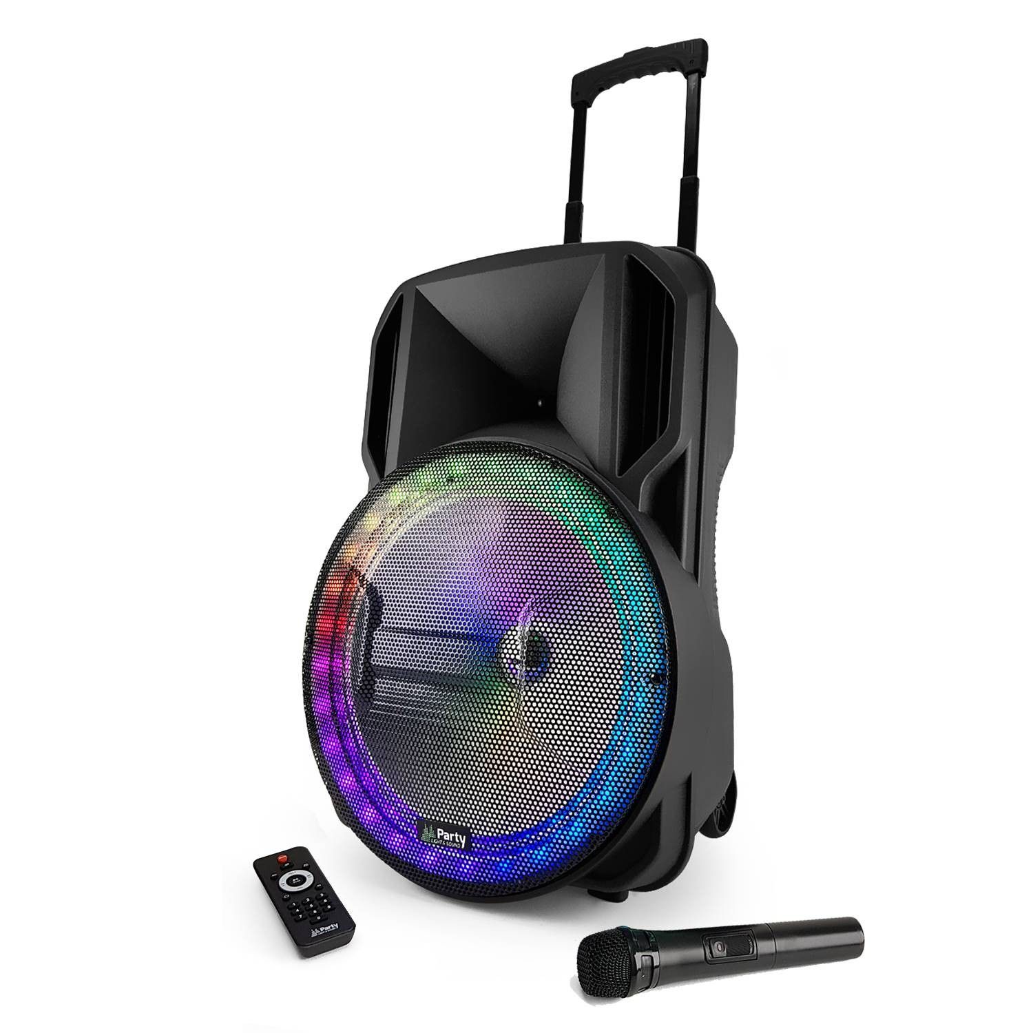 Party Sound DJ Karaoke Speaker - 800W Mobile Disco Battery with LED RGB Lights, USB/Micro SD/Bluetooth/FM, 2 Microphones + OVNI Light Show
