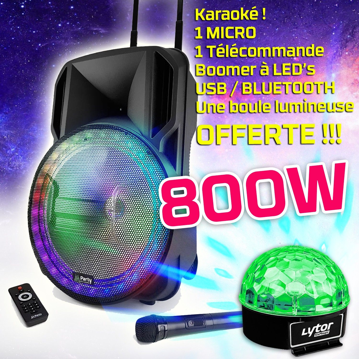 Party Sound DJ PARTY KARAOKE 800W Portable Speaker with LED RGB Lights and Microphone