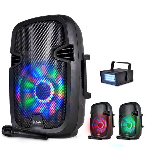 Haut-parleur portable à batterie Party Sound & Light de 8'' avec LED RVB - 300W - USB/Bluetooth/FM + microphone + mini stroboscope LED