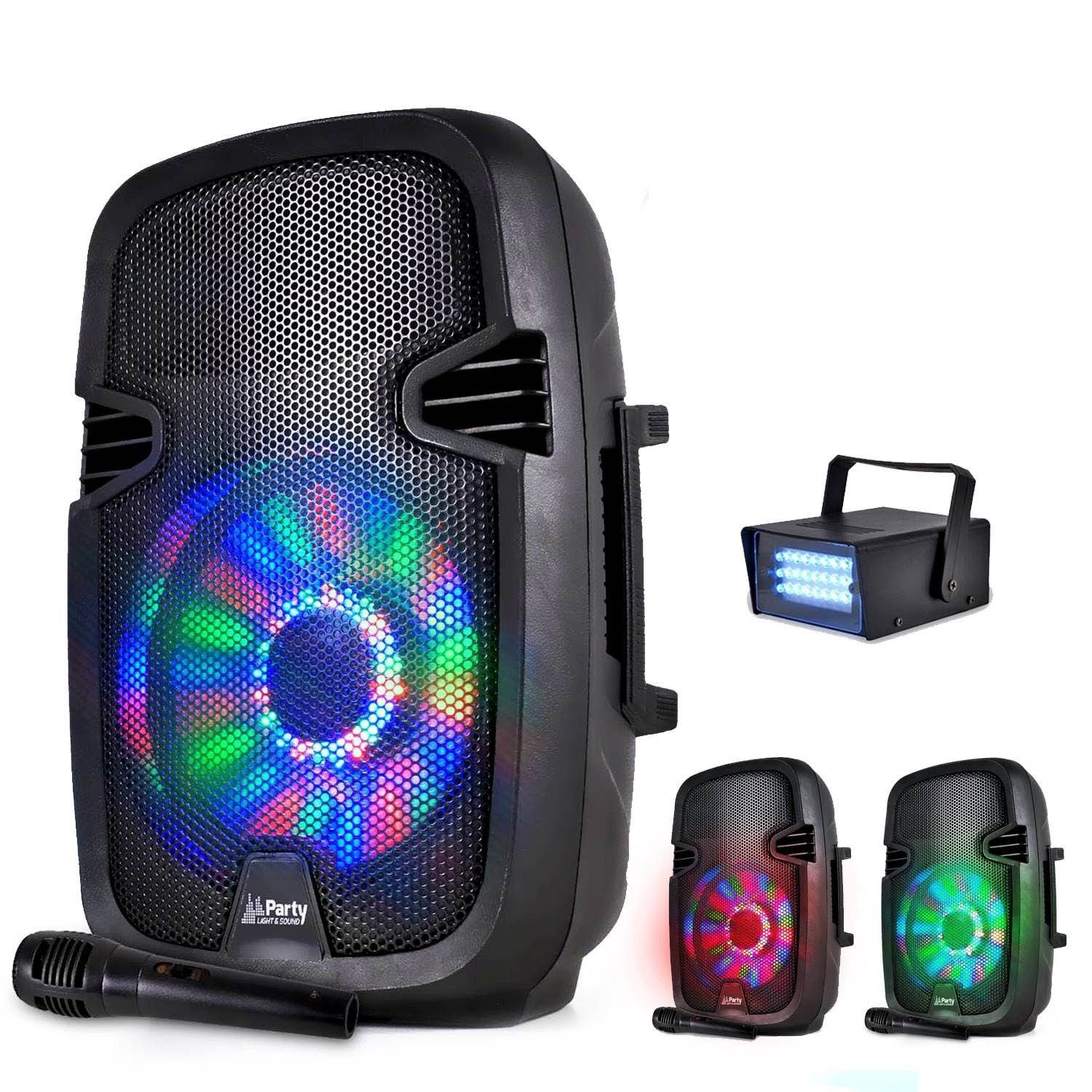 Haut-parleur portable à batterie Party Sound & Light de 8'' avec LED RVB - 300W - USB/Bluetooth/FM + microphone + mini stroboscope LED