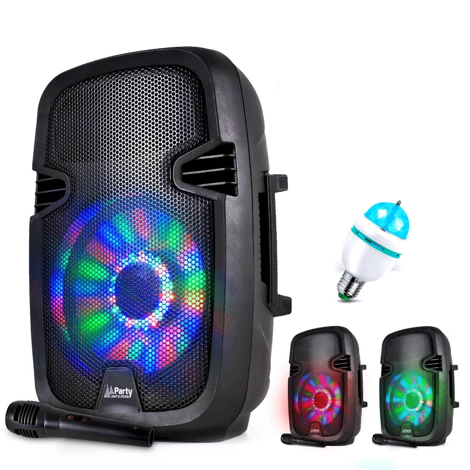 Haut-parleur mobile Party Sound PARTY7 à LED RVB - 300W - USB/BT/FM + Micro + Ampoule Mini DIAMS RVB