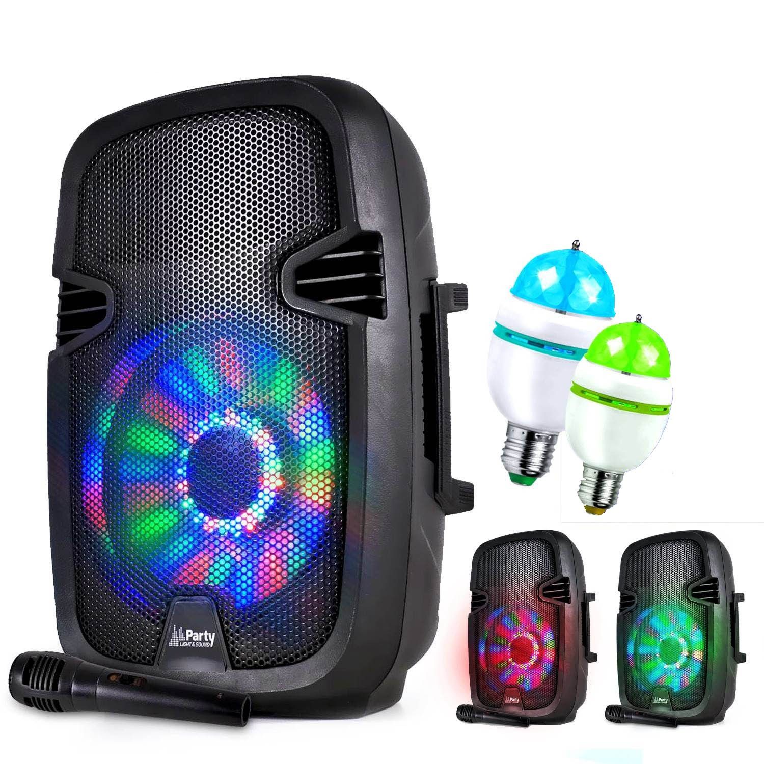 Haut-parleur mobile Party Sound PARTY7 à LED RVB - 300W - USB/Bluetooth/FM + Micro + 2 Ampoules Mini DIAMS RVB