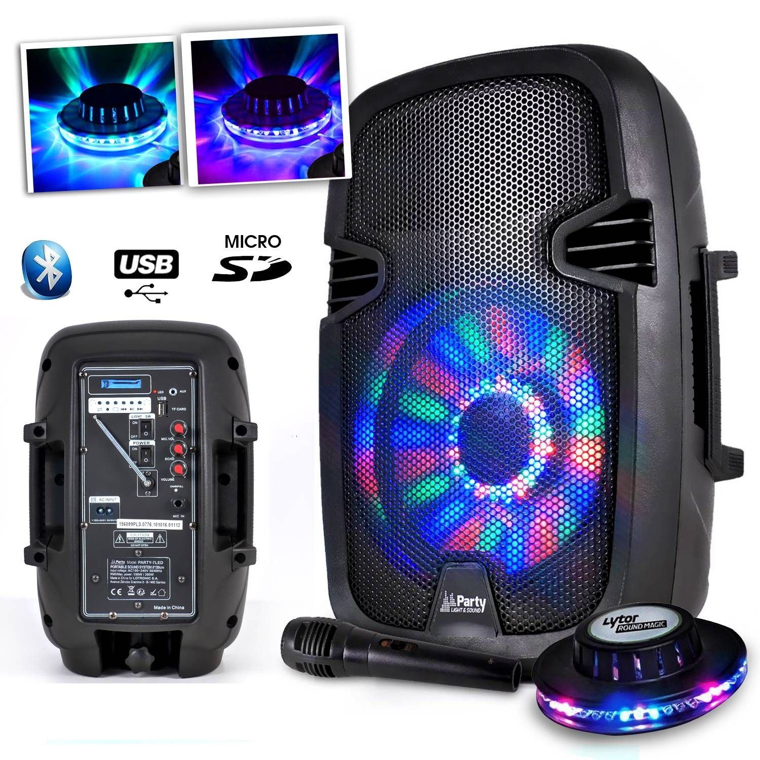 Enceinte mobile batterie 8''/20cm à LEDs RVB - 300W - USB/BT/FM + Micro + Effet OVNI LED RVB