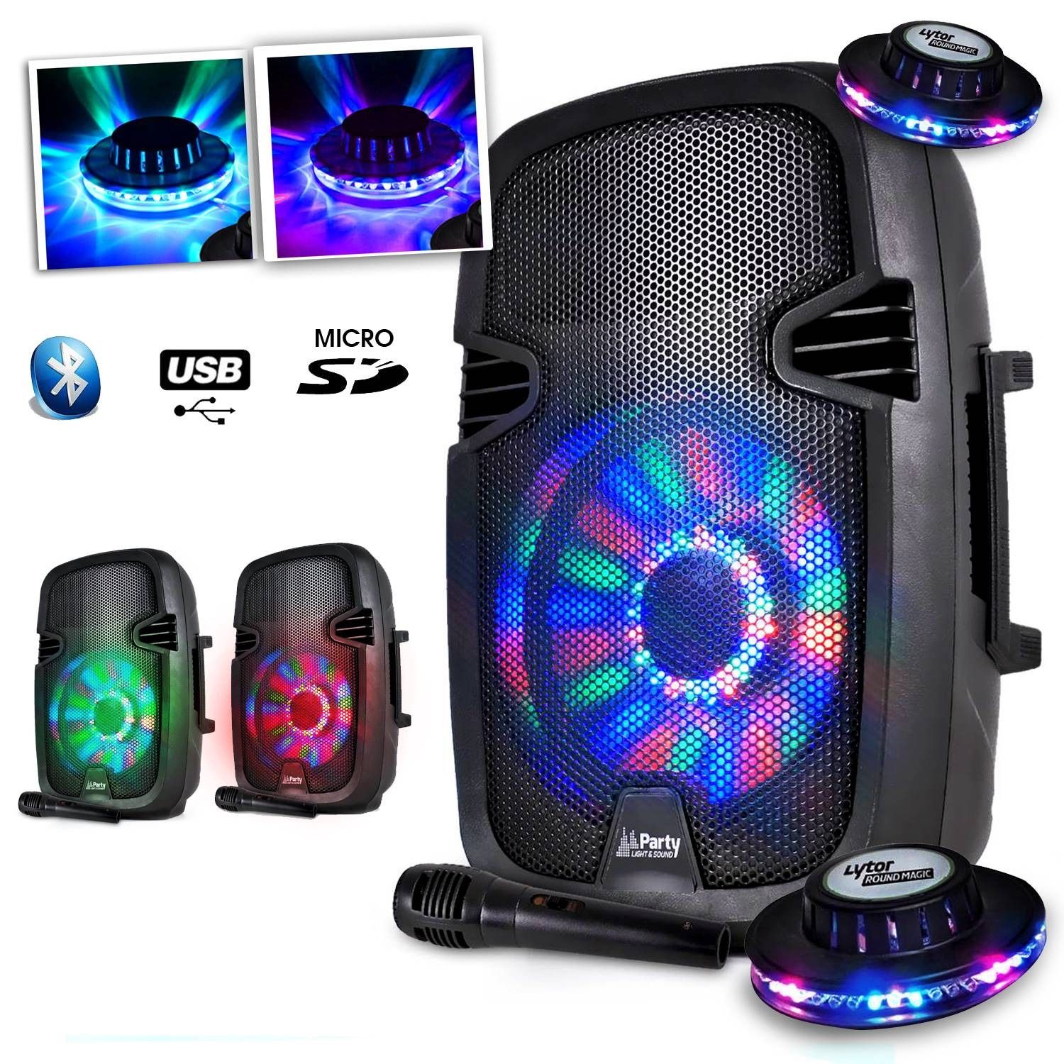 Haut-parleur rechargeable à batterie LED RVB Party Sound & Light de 8''/20 cm - 300W - USB/Bluetooth/FM + microphone + 2 effets LED OVNI RVB