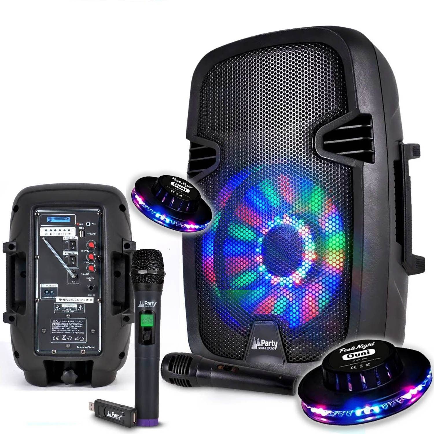Party Sound 8" LED Battery Speaker 300W USB/BT/FM + 2 Wired & Wireless Microphones