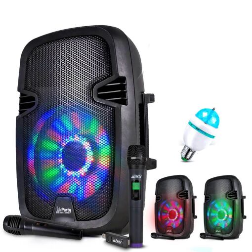 Party Sound PARTY7 Battery-Powered Karaoke Speaker with RGB LEDs, 300W, USB/BT/FM + 2 Microphones + Mini DIAMS RGB Light
