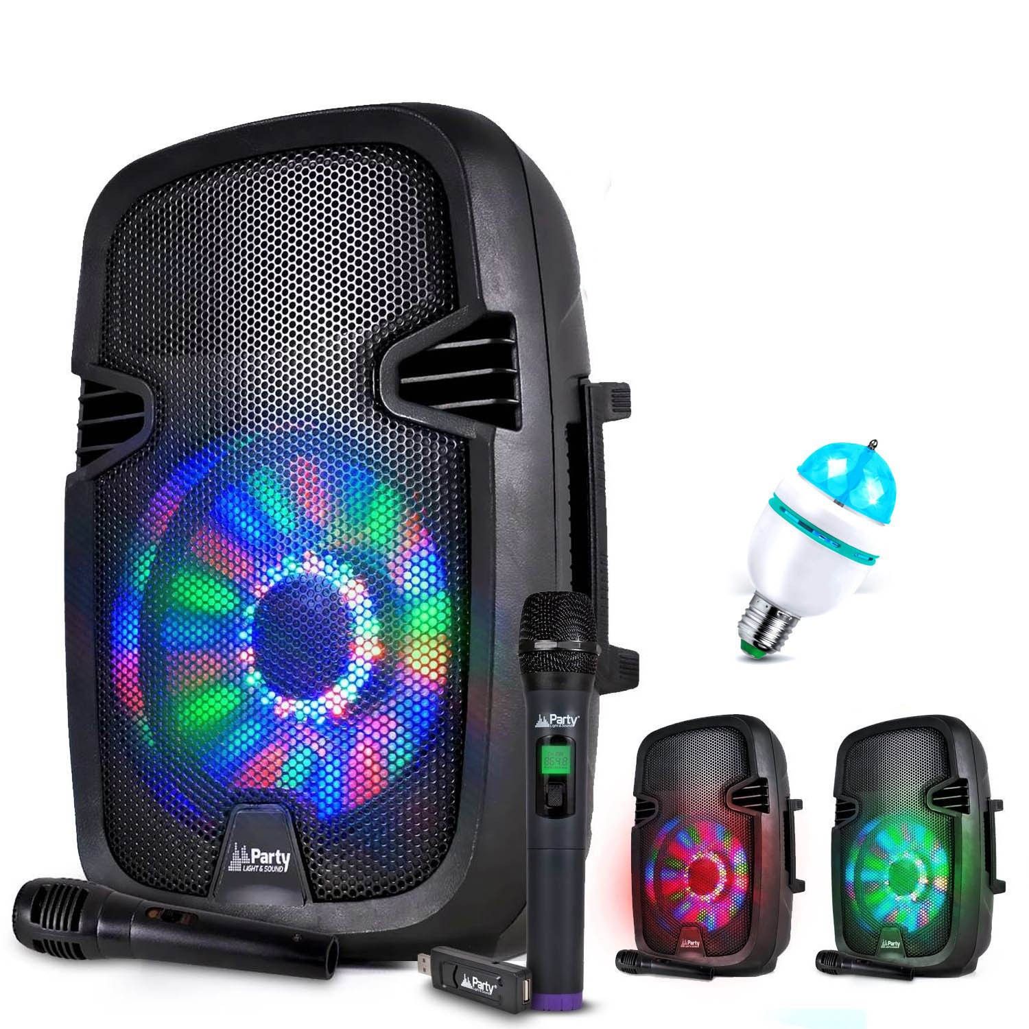 Party Sound PARTY7 Battery-Powered Karaoke Speaker with RGB LEDs, 300W, USB/BT/FM + 2 Microphones + Mini DIAMS RGB Light
