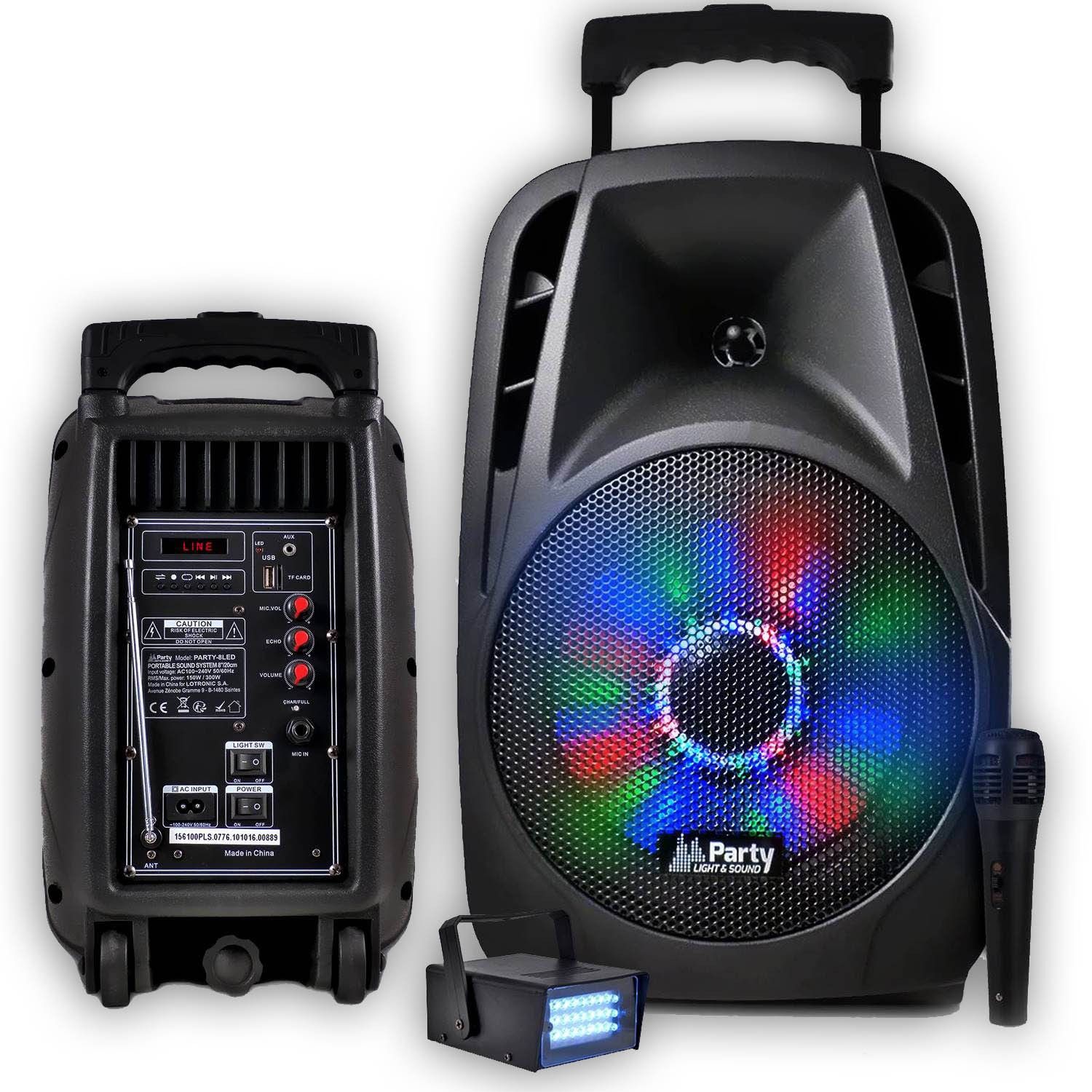 Party Sound & Light 8" LED Speaker with Battery - RGB LEDs, 300W, USB/BT/FM + Micro + LED Strobe