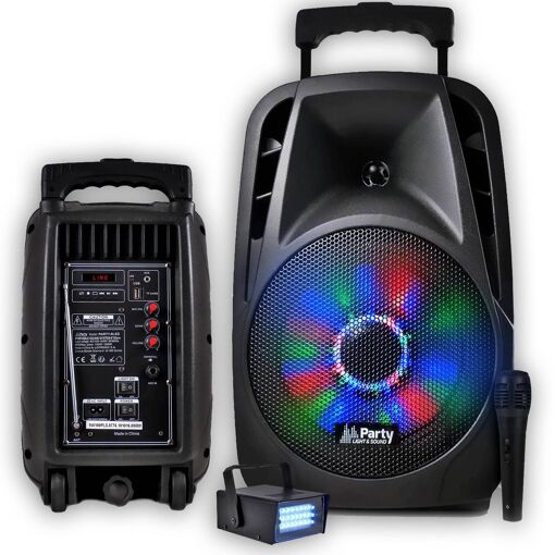 Haut-parleur Party Sound & Light 8'' à LED avec batterie - LED RVB, 300W, USB/Bluetooth/FM + Micro + Stroboscope LED
