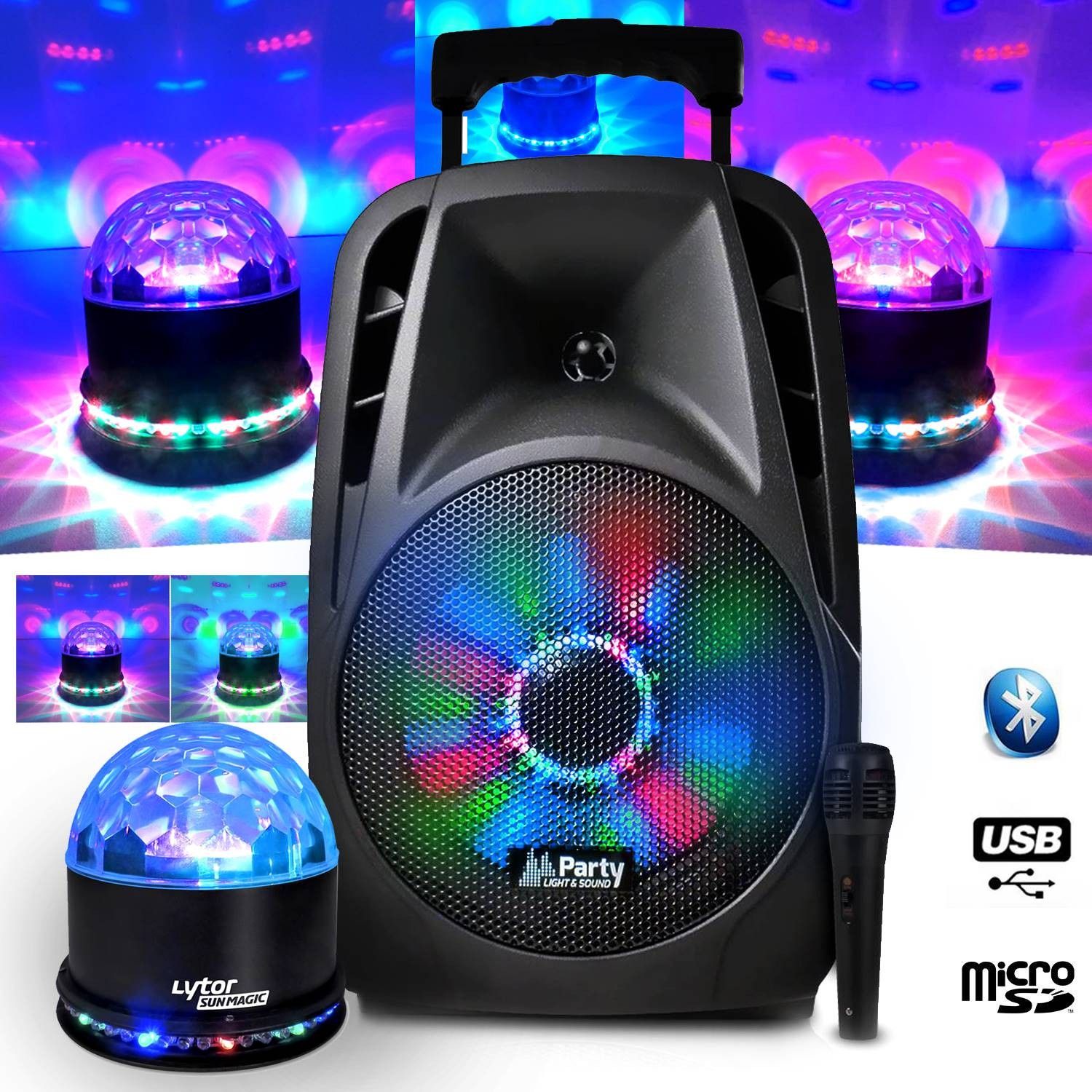 Party Sound & Light 8" LED Speaker with Battery - RGB Lights, USB/BT/FM, Microphone and SUNMAGIC LytOr